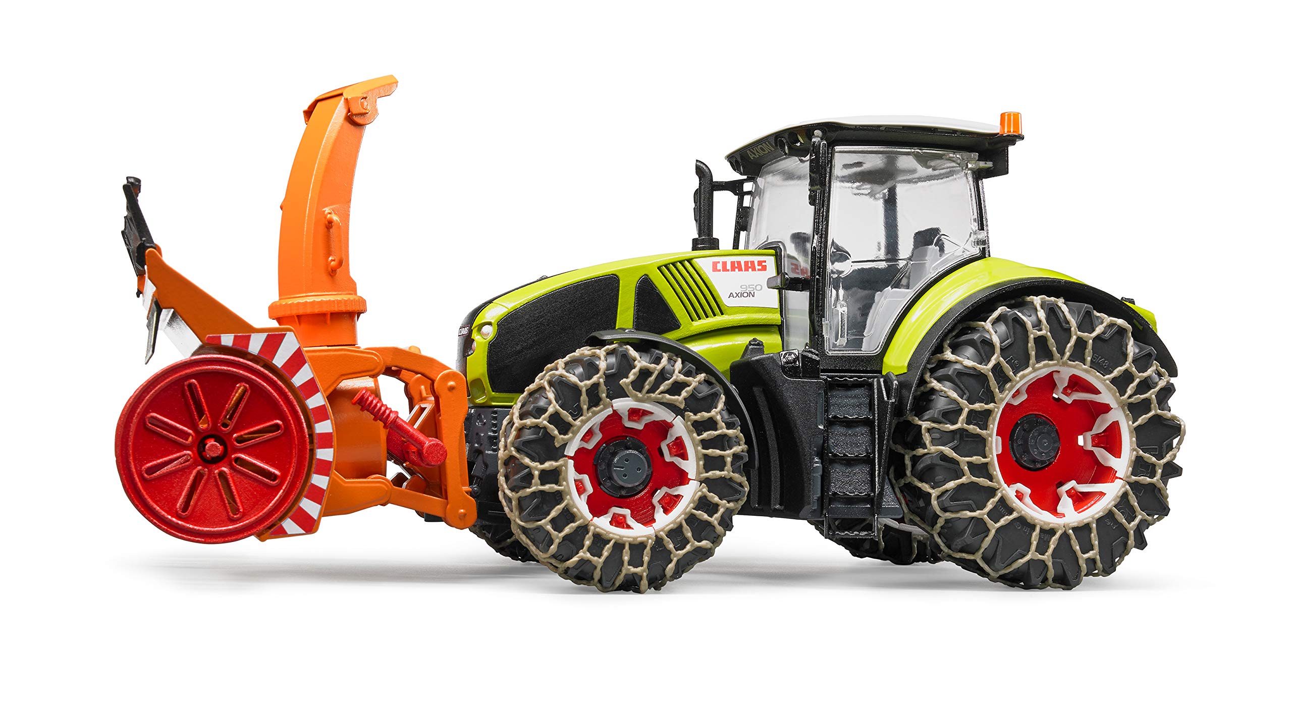 bruder 03017 - Claas Axion 950 con catene da neve e spazzaneve, trattore, servizio invernale, spazzaneve