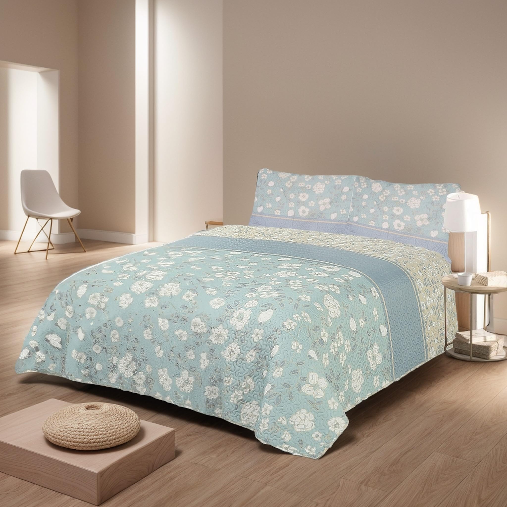 Etrexonline Colcha Bouti 230x260cm Reversible Estampada 100% Microfibra Extra Suave Colcha Cubre Cama Multiusos para Primavera y Verano Incluye 2 Fundas de Cojín, Cama 120/135 - Flor Turquesa