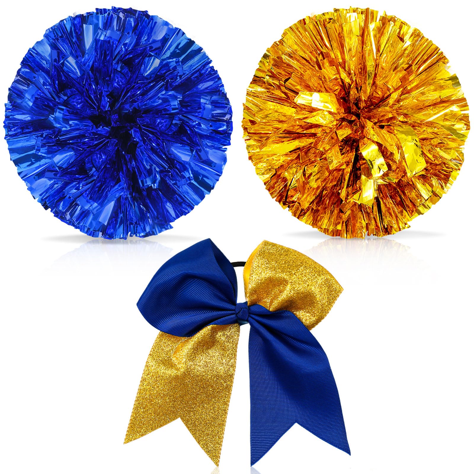 Set of 3 12 Inch Cheerleading Pom Poms and Large Cheerleader Ponytail Bow Holder for Girl Large Metallic Cheerleader Pom Poms for Sports Team Cheering