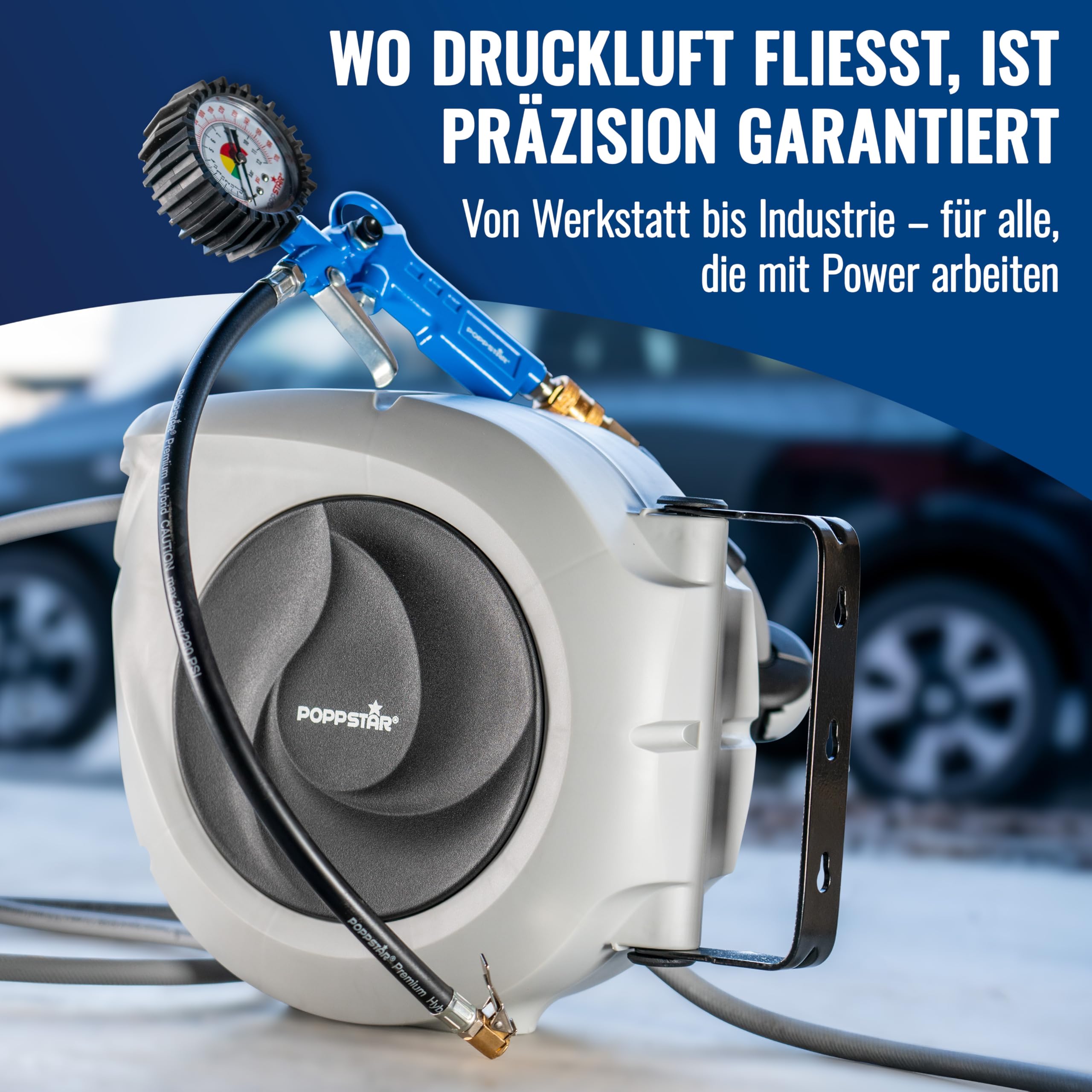 Poppstar Druckluftschlauchtrommel (10m+1m, Durchmesser 5/16" (8x12mm)) Schnellkupplung 1/4" BSPT, Schlauchtrommel mit Hybrid PVC Schlauch