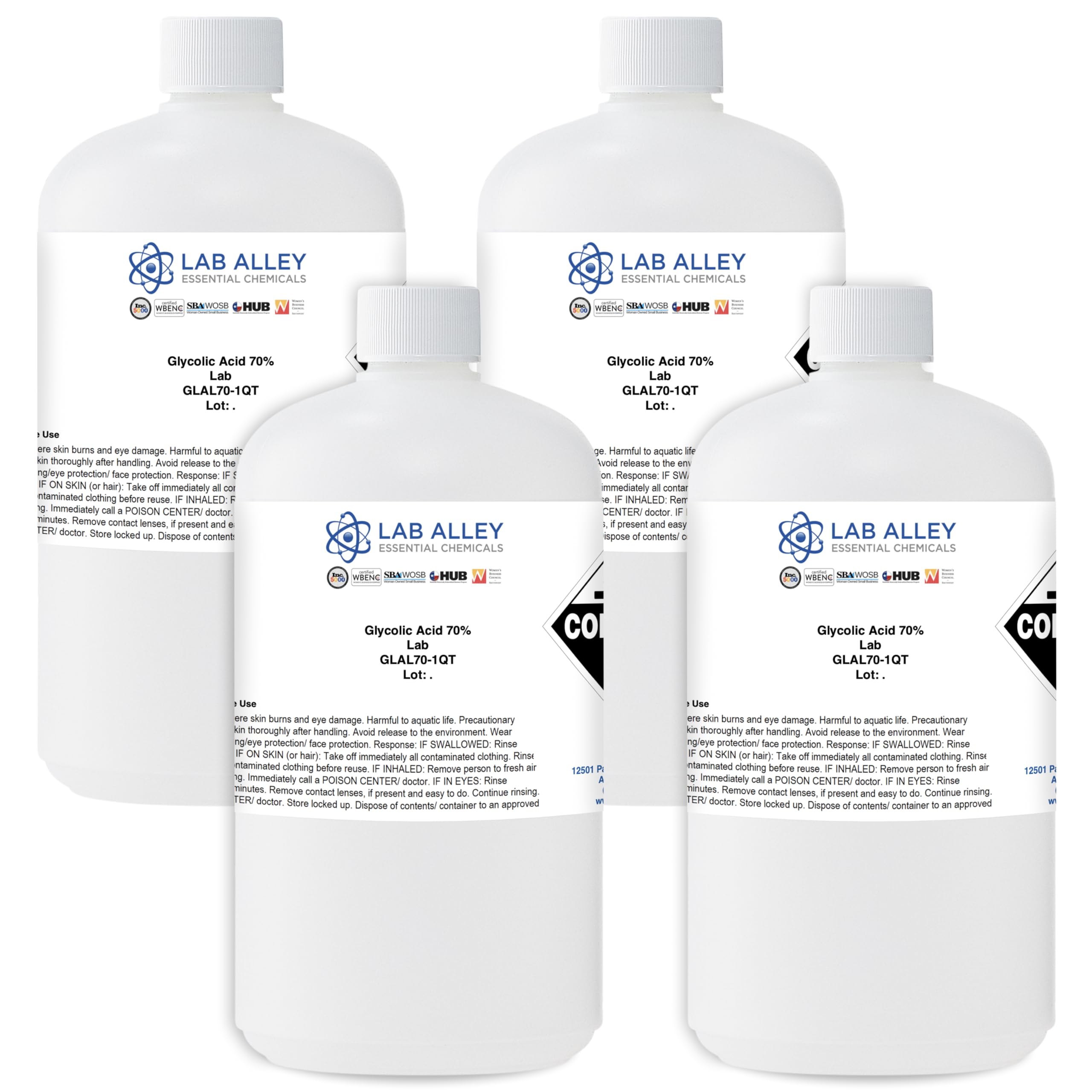 Lab Alley Glycolic Acid 70% Solution, Lab Grade, Ideal for Skin Care Routines - 1 Gallon Total (Pack of 4 x 1 Quart Bottles)