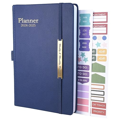 Diary 2024-2025 - 18 Month Diary from Jan. 2024 to Mid Year Jun.2025, A5 Week to View Diary, Weekly &amp; Month Planner with Leather Cover, Pen Loop, Inner Pocket (Blue)