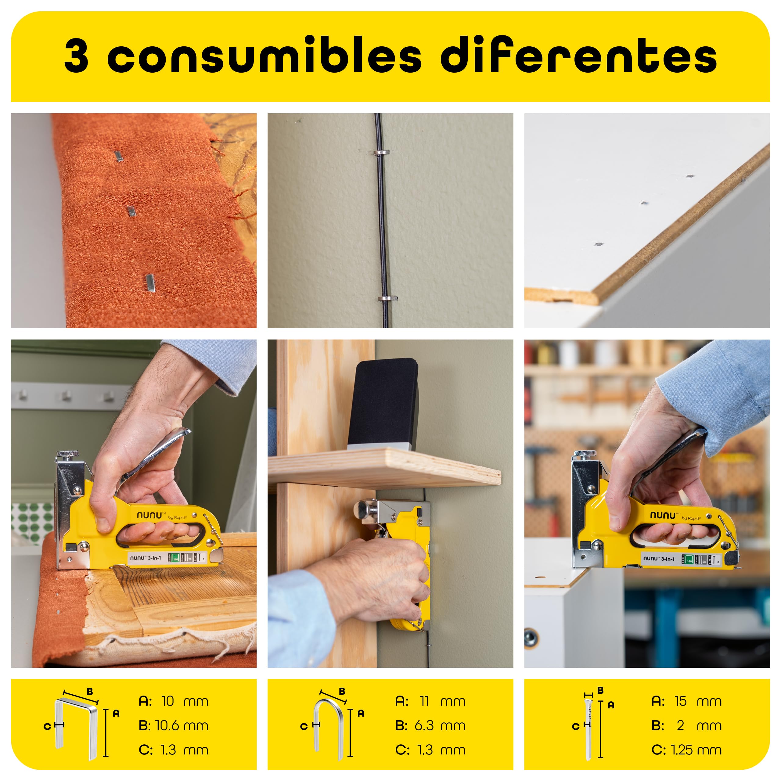 Rapid NUNU Grapadora Manual 3 en 1 para Madera con 3.000 Grapas y clavos. Grapadora Profesional para Tapicería, Paredes, Moquetas y Fijación de Cables, Potencia Ajustable, Diseño Ergonómico