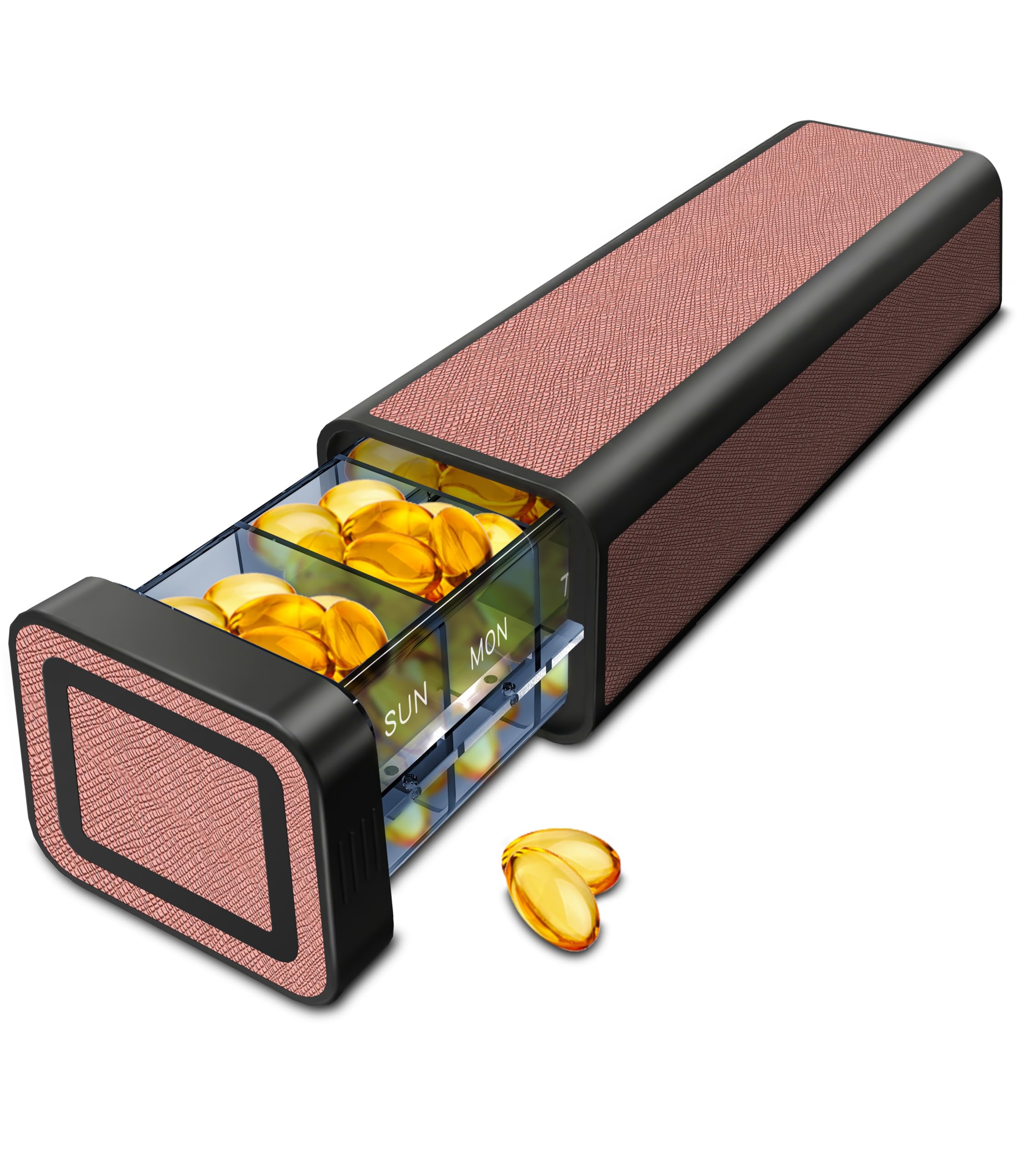 TALVOLC M Weekly Pill Organizer 7 Day, Discreet Leather Pill Case for Purse or Pocket, Easy Slide-Out Daily Medication Planner, 1 Time a Day Travel