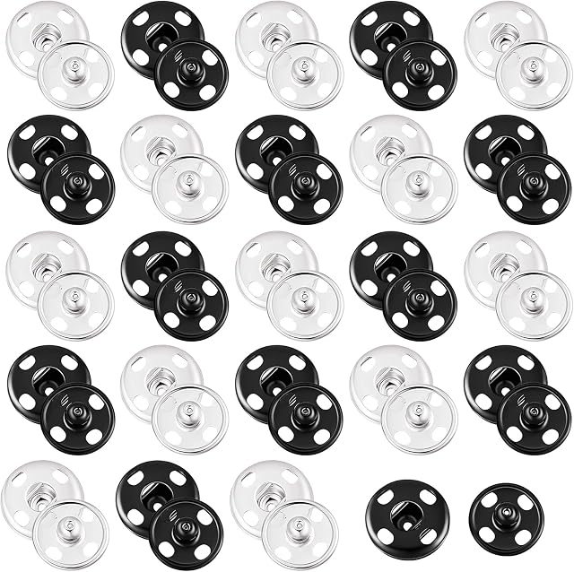 24 Sets 15mm Press Studs Snap Fasteners Sew On Black Press Studs Silver Popper Fasteners Popper Buttons DIY Set Press Studs for Clothes Bags (15 mm)