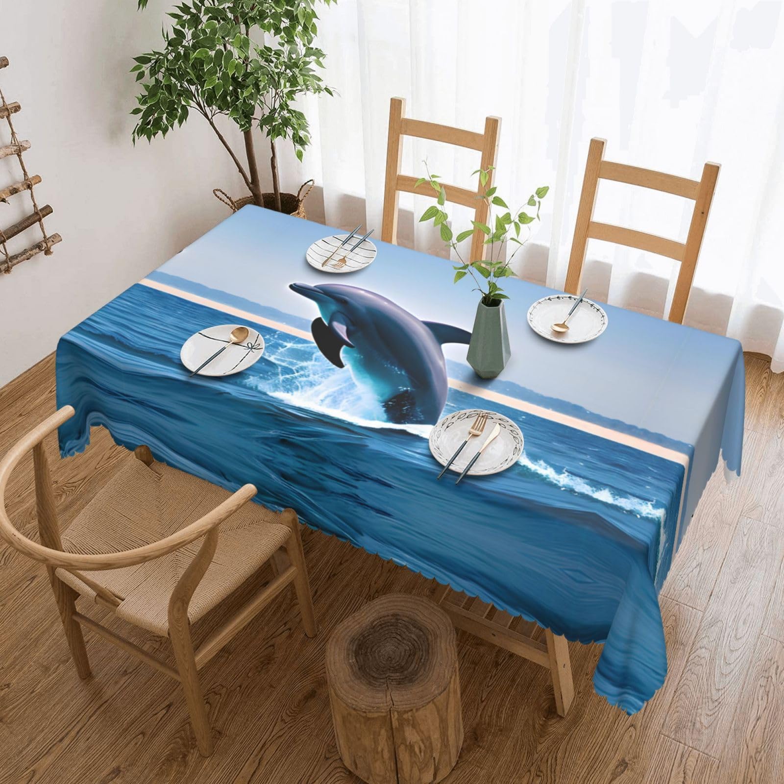 HLSBSSL Jumping up dolphins Patterned square lace tablecloth, wrinkle-resistant and durable, suitable for dining tables, parties, etc.