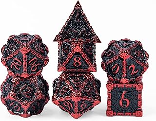 Cusdie Metal Dice with Metal Box, 7 PCs DND Metal Dice, Dagger Design Polyhedral Dice Set, for Role Playing Game D&D Dice (Red Black)