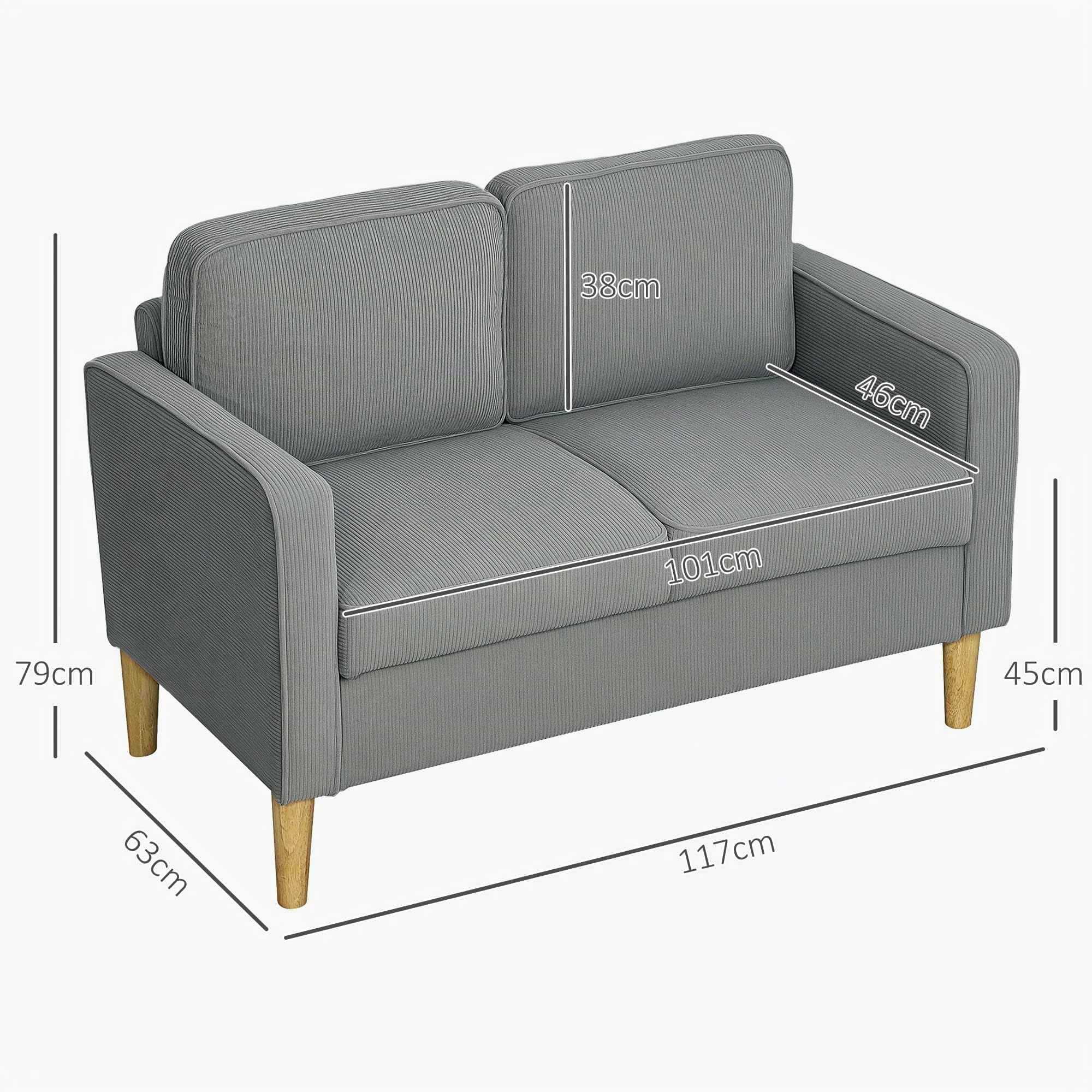 HOMCOM Sofa 2 Sitzer Couch mit 2 Armlehne Stauraum Hellgrau 117x63x79 cm | Kleine Loveseat, Cordoptik, Holzbeine, Modern Polstersofa, für Wohnzimmer, Schlafzimmer, Kleinen Raum