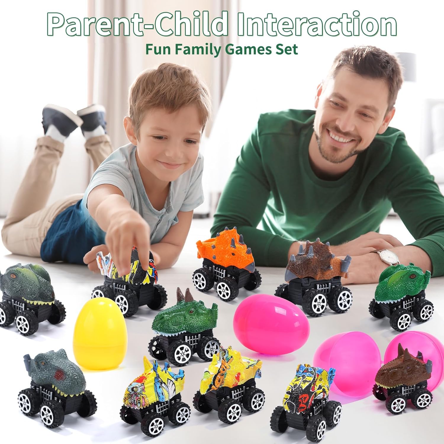 Skirfy 12 Pack Prefilled Easter Eggs with Dinosaur Pull Back Cars Inside Easter Basket Stuffers for Kids Boys Toddlers Party Favor Easter Gift Filled Easter Eggs