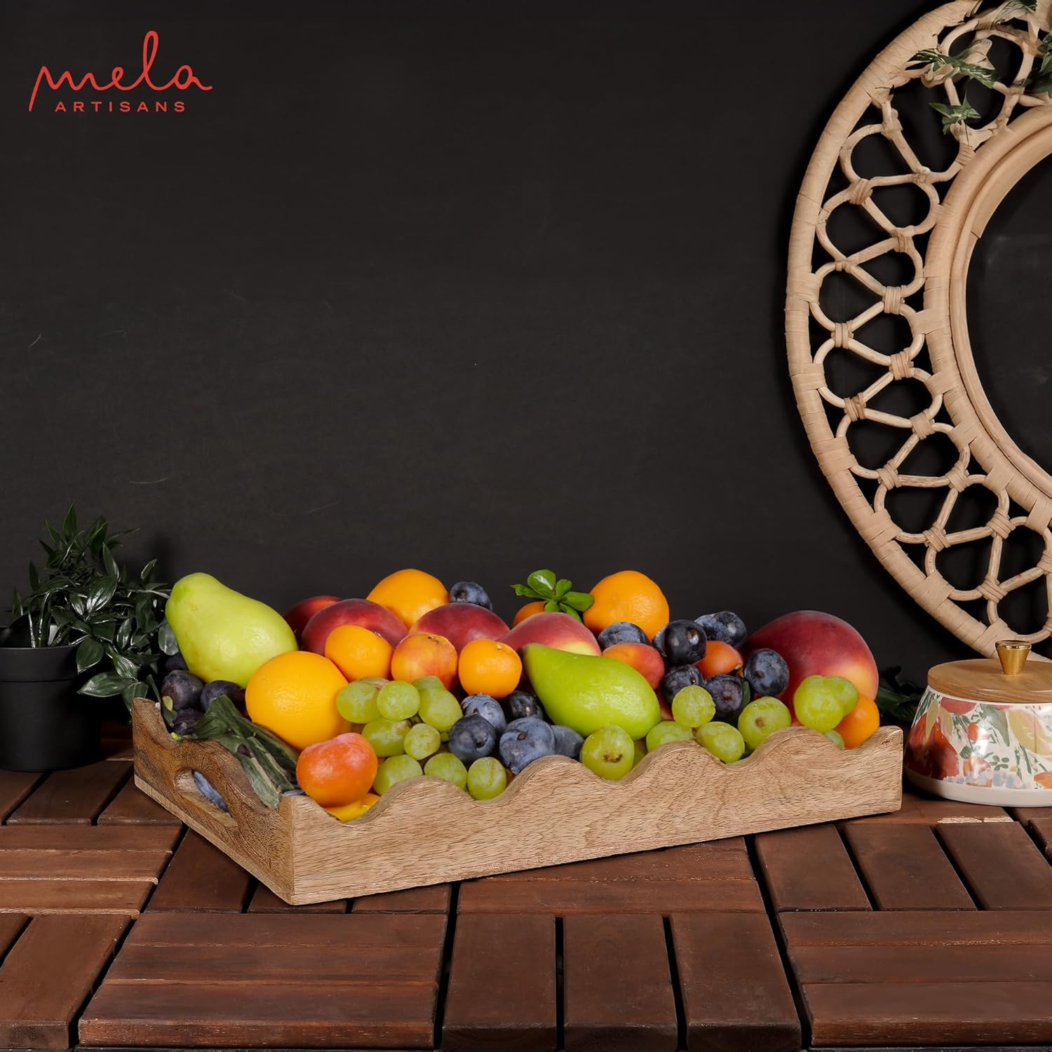 Mela Artisans Ottoman Wooden Serving Tray | Medium, Scallop White Burnt | Decorative Mango Wood | Serve Breakfast, Other Foods, Coffee and Tea | Rustic Home Decor | 14" x 10” x 2.5” - Image 4