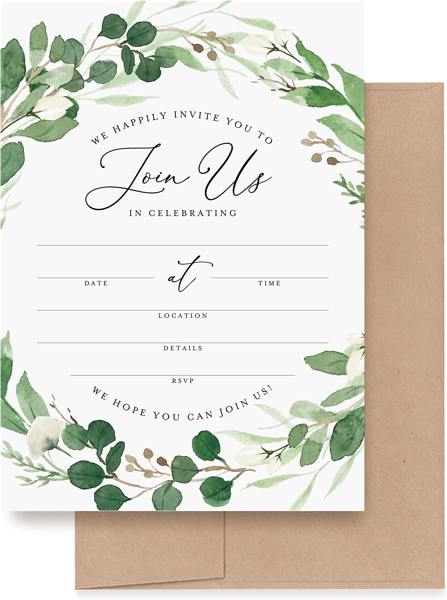 Bliss Collections Invitations with Envelopes for All Occasions, Invites Perfect for: Weddings, Bridal Showers, Engagement, Birthday Party or Special Event, Pack of 25 5x7 Cards - Eucalyptus
