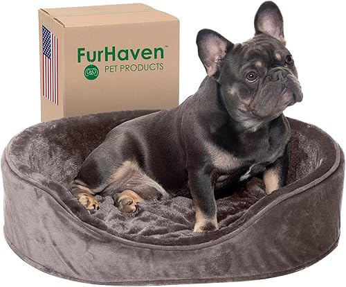 Cama para perro Furhaven Pet ovalada, redonda, para relajarse y no tener ansiedad, con base extraíble para perros y gatos, con múltiples estilos, disponible en Yaxa El Salvador