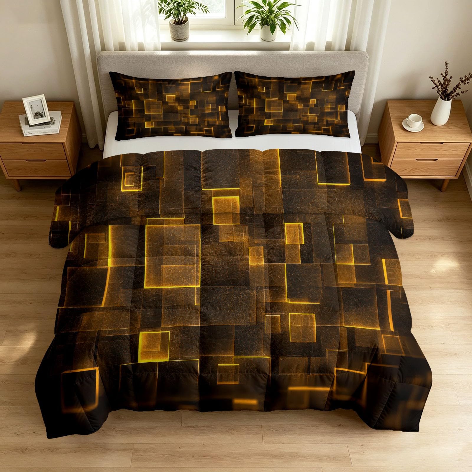 Edredón dorado King 230x220 cm de 7,5 tog con 2 fundas de almohada geométricas