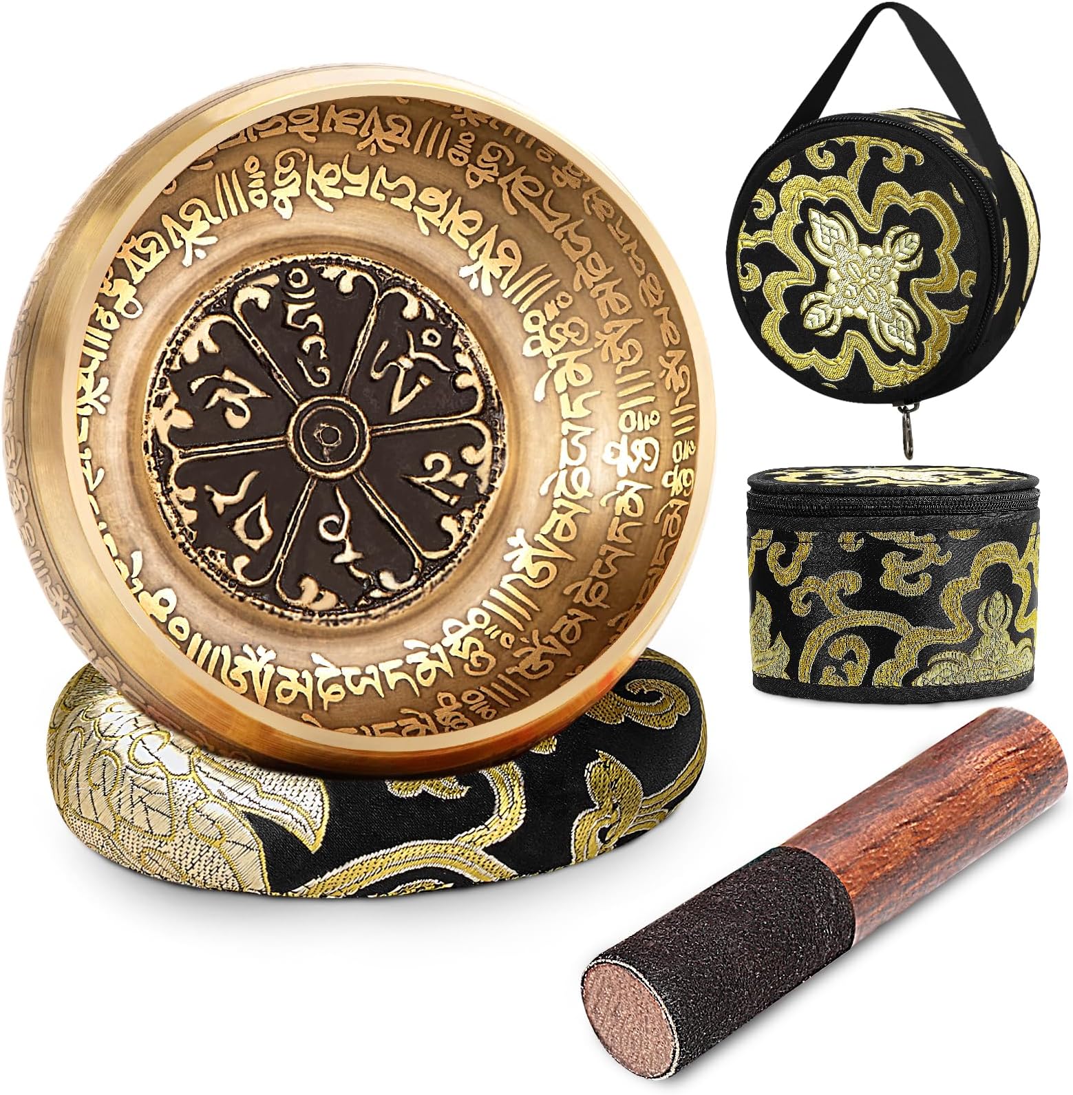 SHANSHUI5'' Tibetan Singing Bowl Set, Nepal Antique Bronze Mantra Carving Hand Hammered, Sound For Yoga Chakras Healing Meditation Zen With Leather Striker Surface Mallet and Silk Cushion Gift -Black