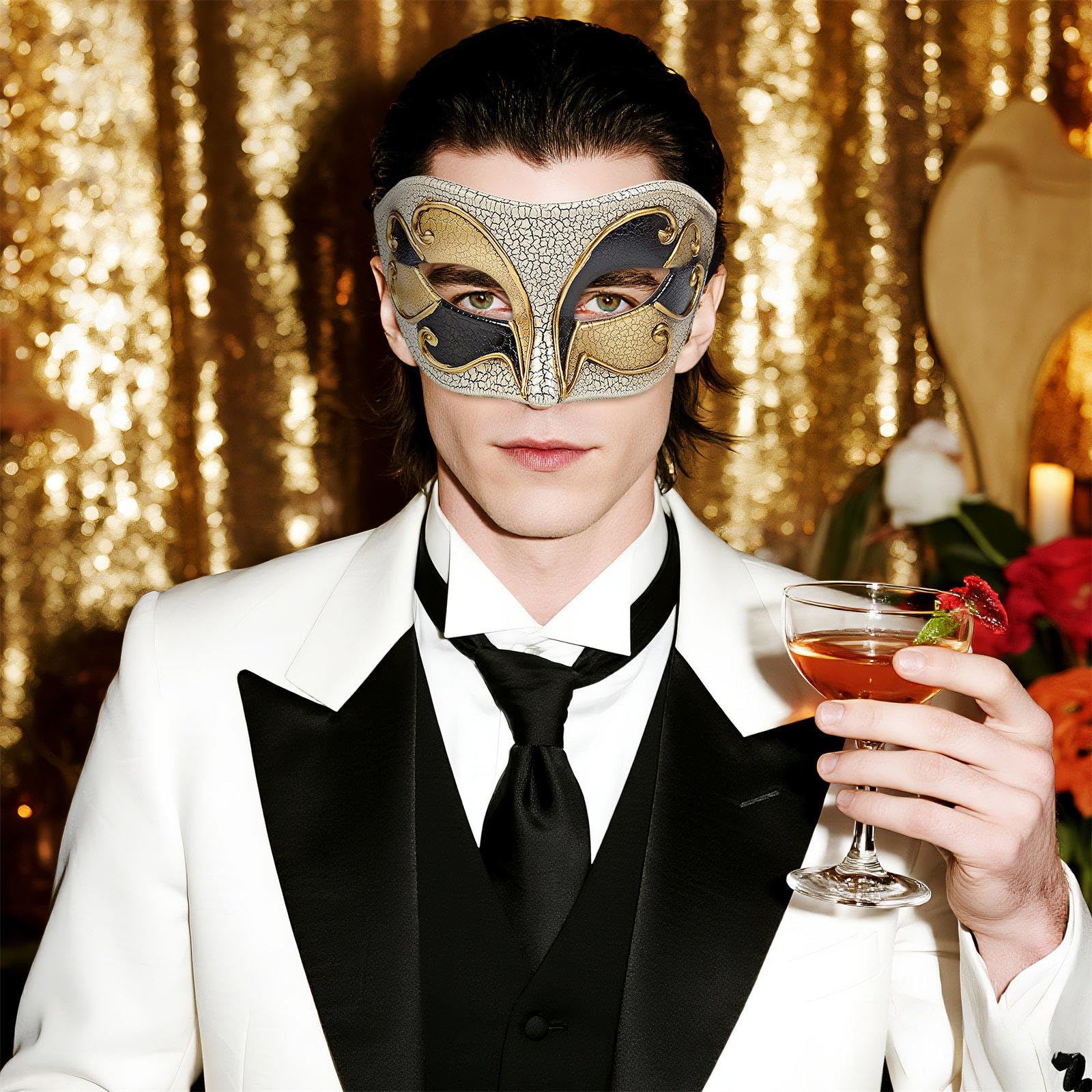 JewelryWe Men's Venetian Masquerade Mask: Cracked Half Face Costume Masks with Elastic Band for Halloween Party Cosplay - Image 3