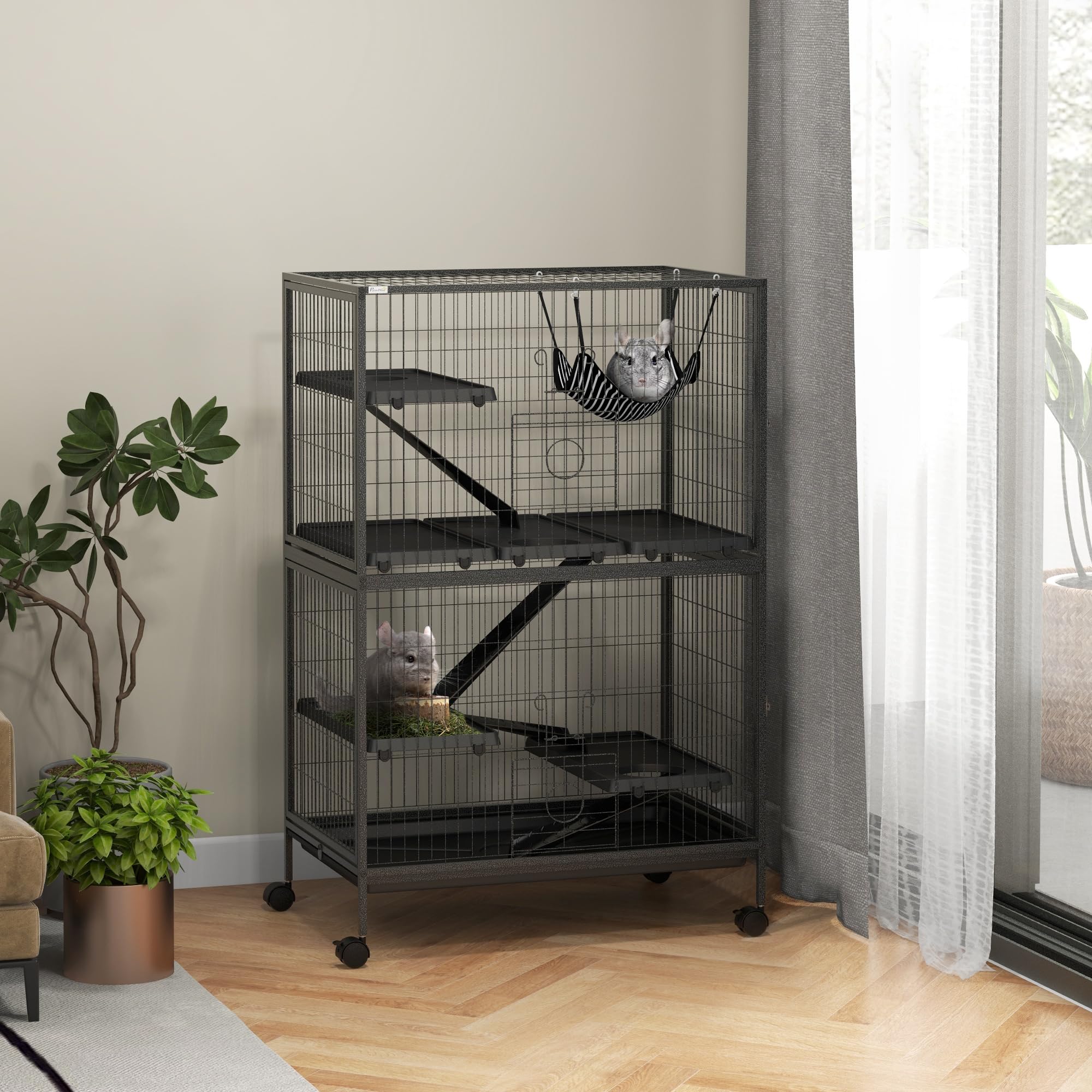 PawHut Cage pour Petits Animaux 4 Niveaux Cage pour rongeurs avec Roues, rampes, hamac Suspendu et Plateau Amovible Enclos pour Lapins Chinchillas Furets 80x52x128 cm Gris foncé