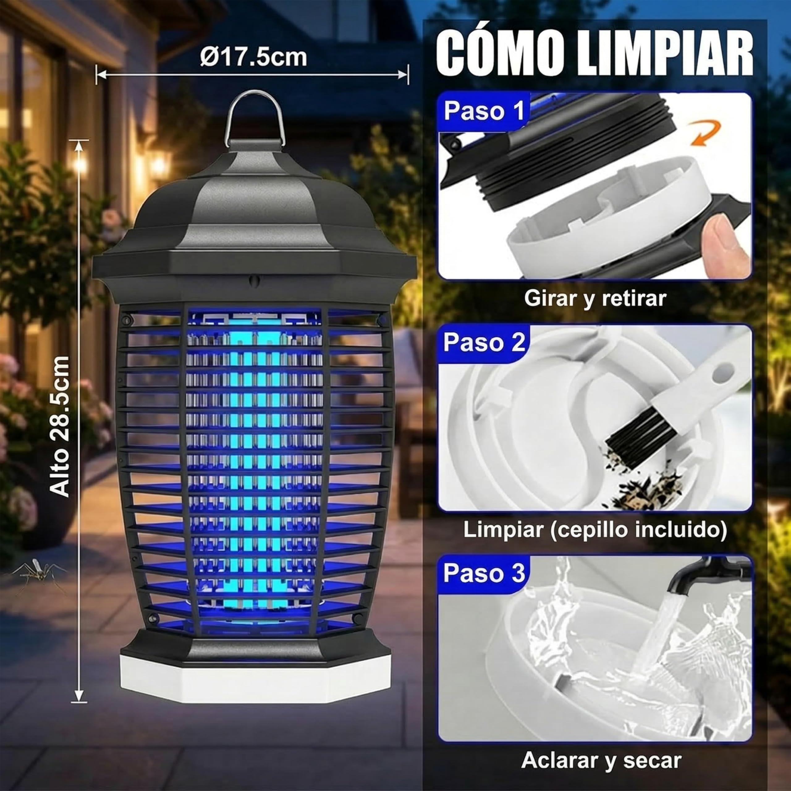 seenlast Lampara Antimosquitos, 4000V 18W Mata Mosquitos Electrico con Luz UV, Mata Moscas Electrico IPX4 Impermeable Area Efectiva 80-100m² para Interior y Exterior (Set Cable de 3M)