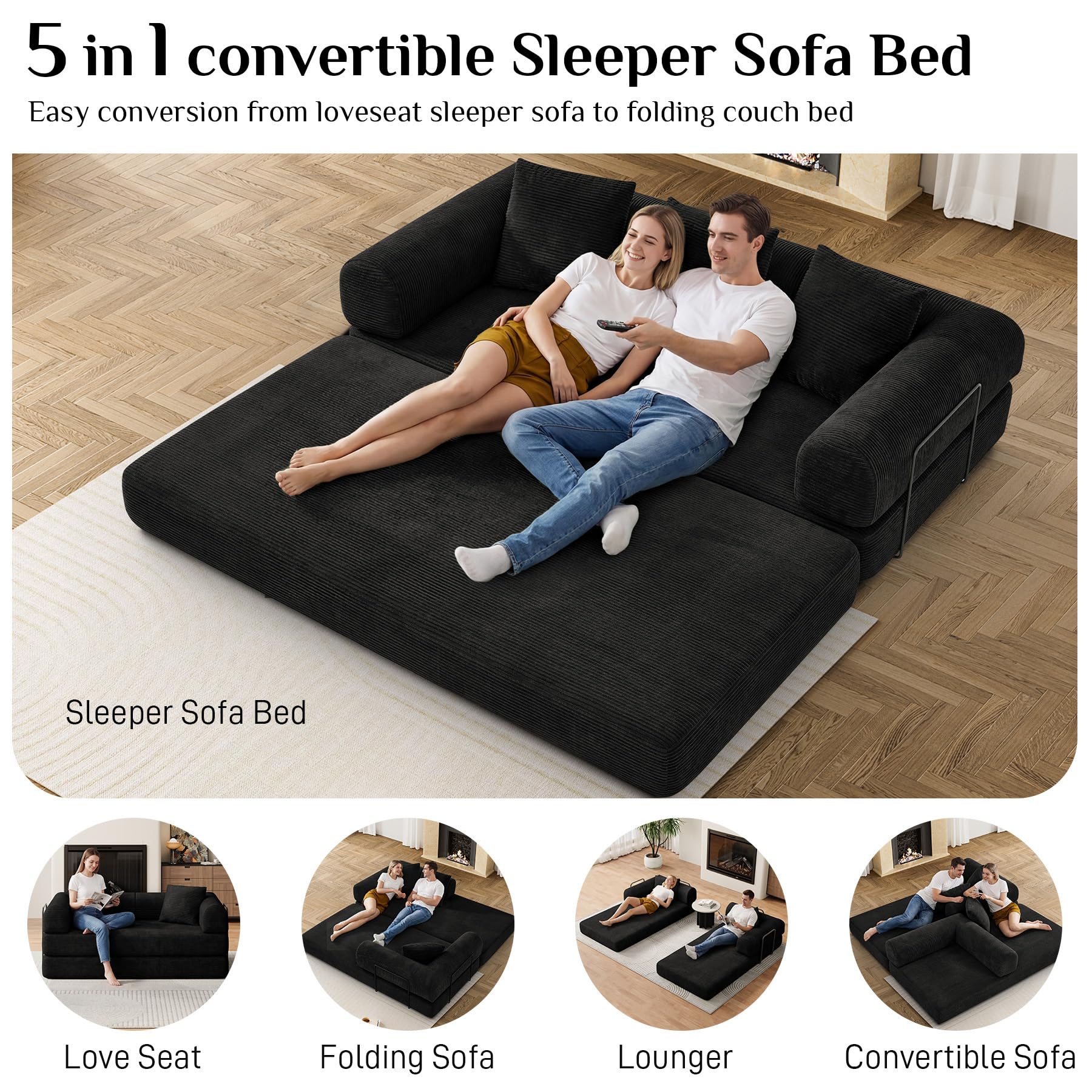DAMAIFROM Convertible Sleeper Sofa Bed Floor Boneless Couch, Black | 80" Corduroy Modular Compressed Futon Sofa Bed, Pull-Out Cloud Loveseat with Memory Foam Mattress for Living Room