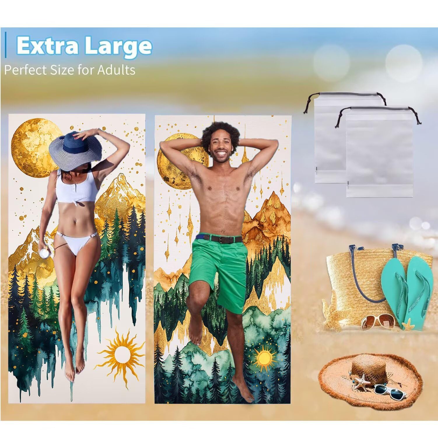Ręcznik plażowy xxl 2 opakowanie, duży ręcznik plażowy z mikrofibry 80 x 160 cm, odporny na piasek, szybkoschnący, bardzo chłonny ręcznik kąpielowy, letni prezent dla kobiet (góry) B848