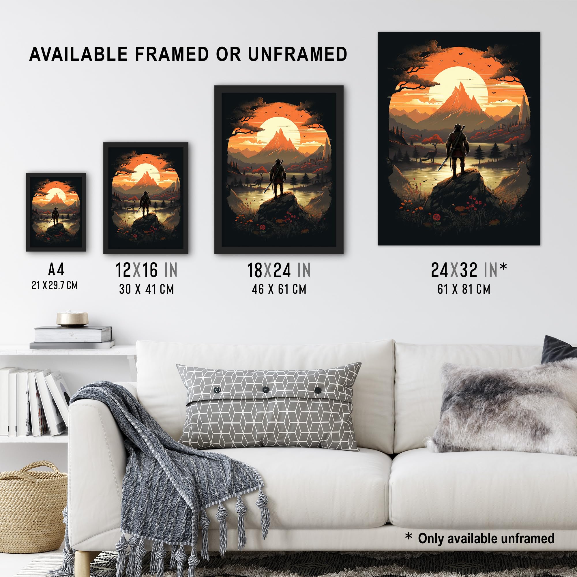 Artery8 Samurai Master Looking at Sunset Horizon Dramatic Painting Black Orange Cherry Blossoms Flowers and Pine Trees in Japanese Mountain Lake Landscape Extra Large XL Wall Art Poster Print - Image 3