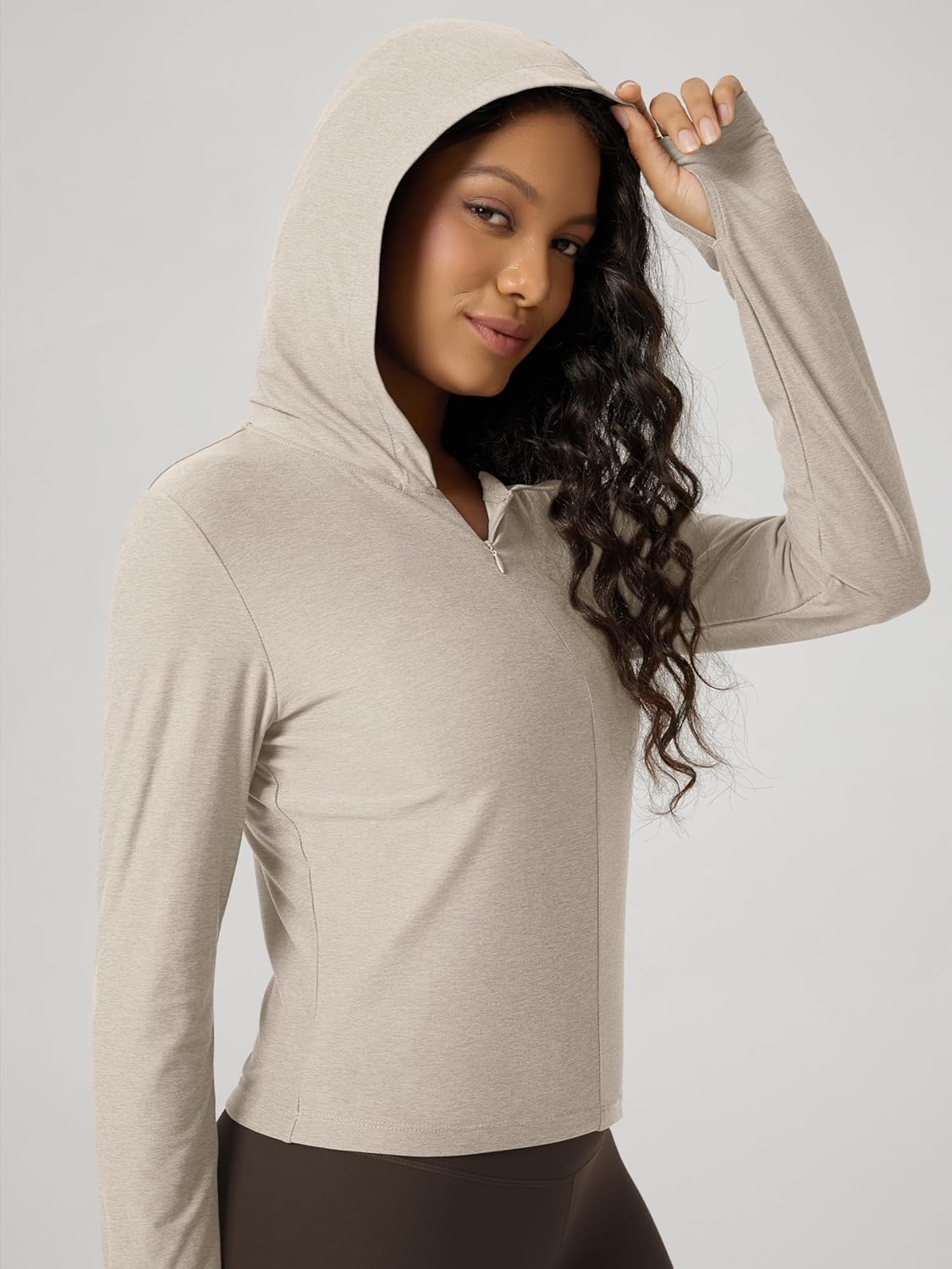 ODODOS Women's Slim Half-Zip Hoodie - Ultra Soft odSTRATUM Tech Pullover UPF 50+ Long Sleeve Crop Top with Thumb Hole - Image 3