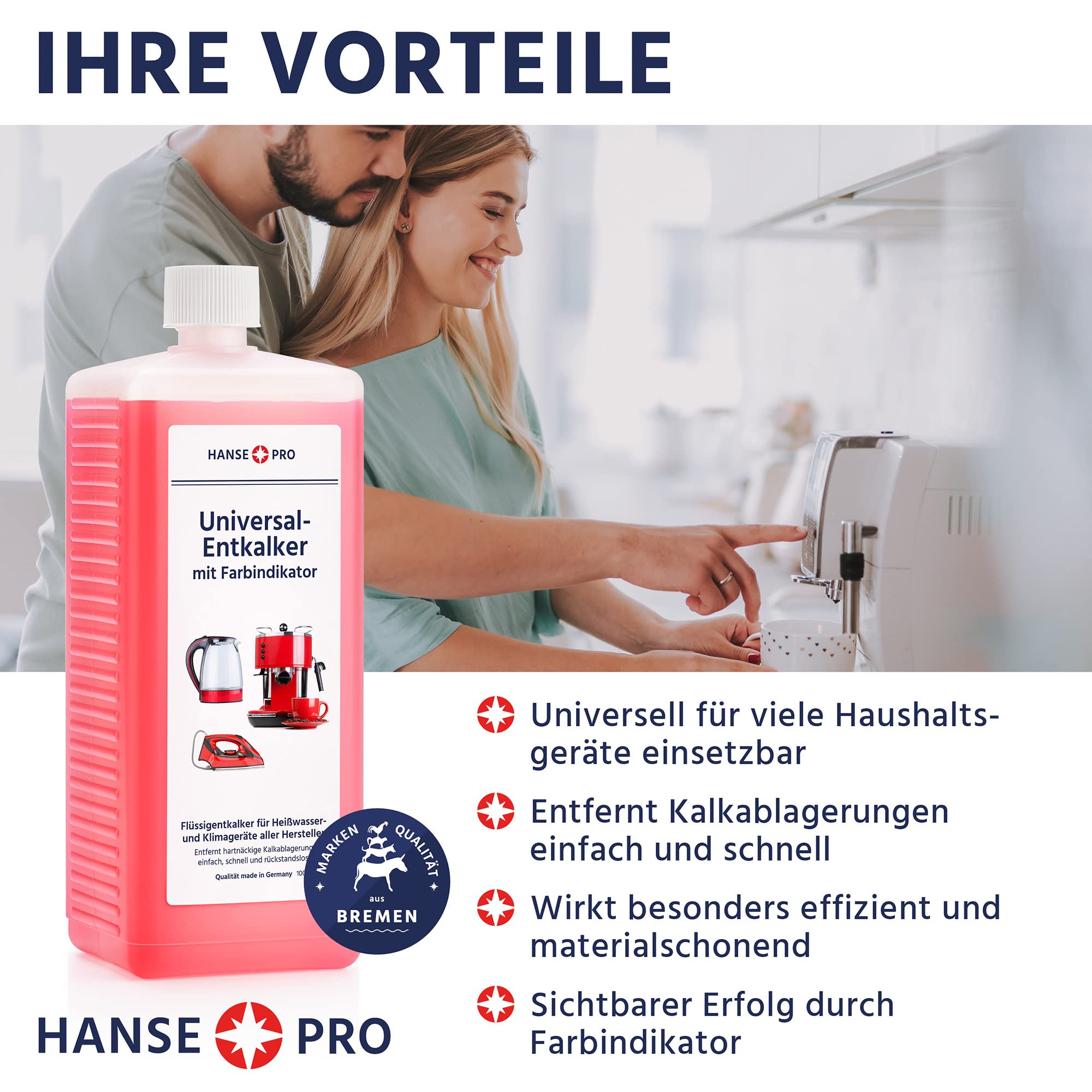 HANSE PRO Universal-Entkalker mit Farbindikator, 4 x 1000 ml I Flüssig-Entkalker I Kalklöser I universell einsetzbar I für Kaffeevollautomat, Kaffee-Maschine usw.