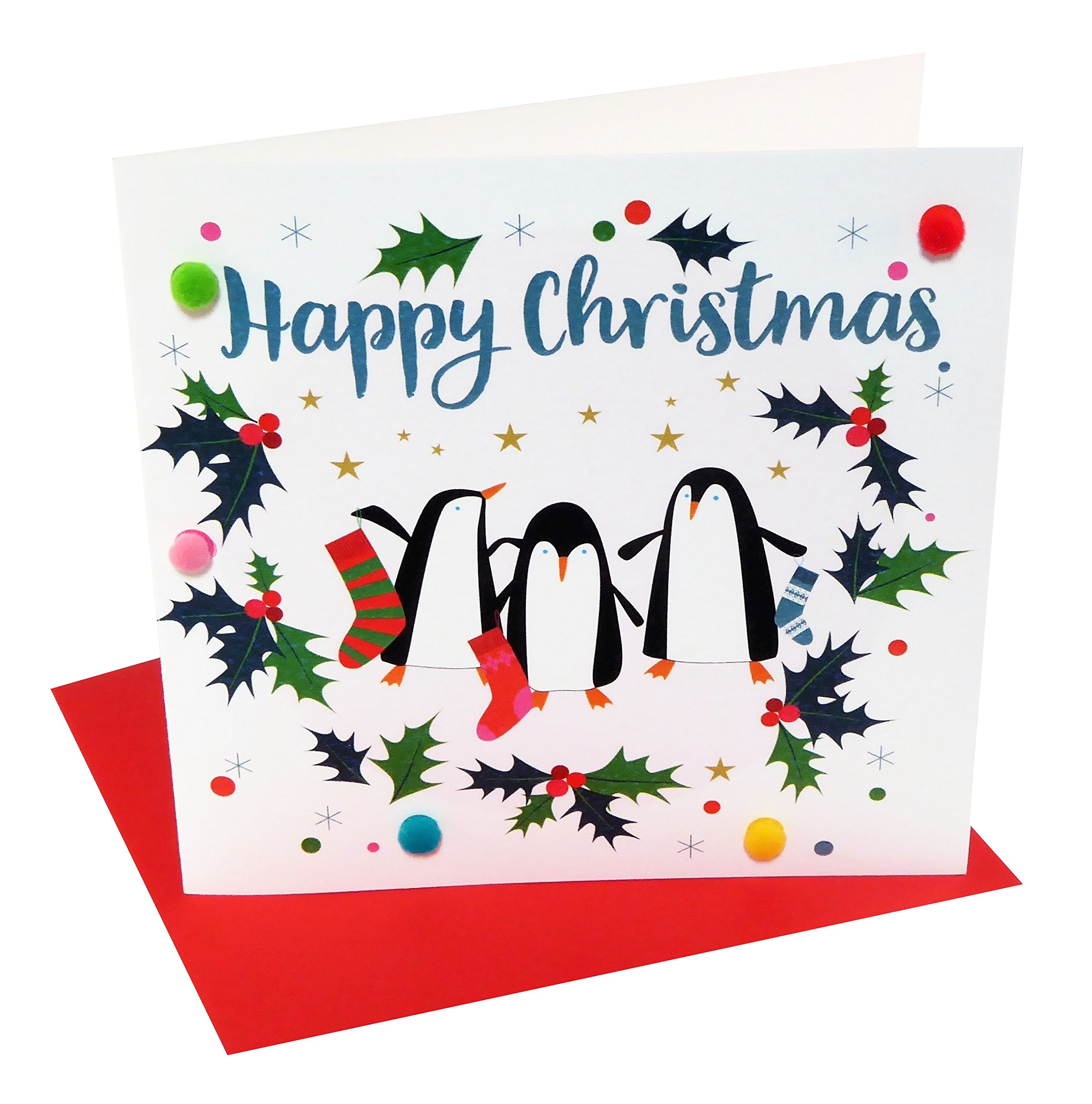 Claire Giles Greeting Cards, Happy Christmas Card, Penguins Design Xmas Greeting Card, Embellished with Colourful Pompoms