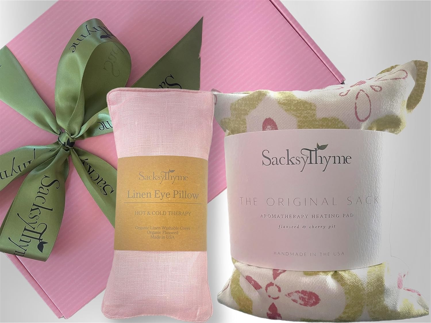 Sacksy Thyme Birthday Gift Set - 2 Piece- Lavender Heating Pad & Linen Eye Pillow - Luxury Happy Birthday Gift Set for Women, Unique Women's Gift Basket, Card for Personalized Message, Heating Pad