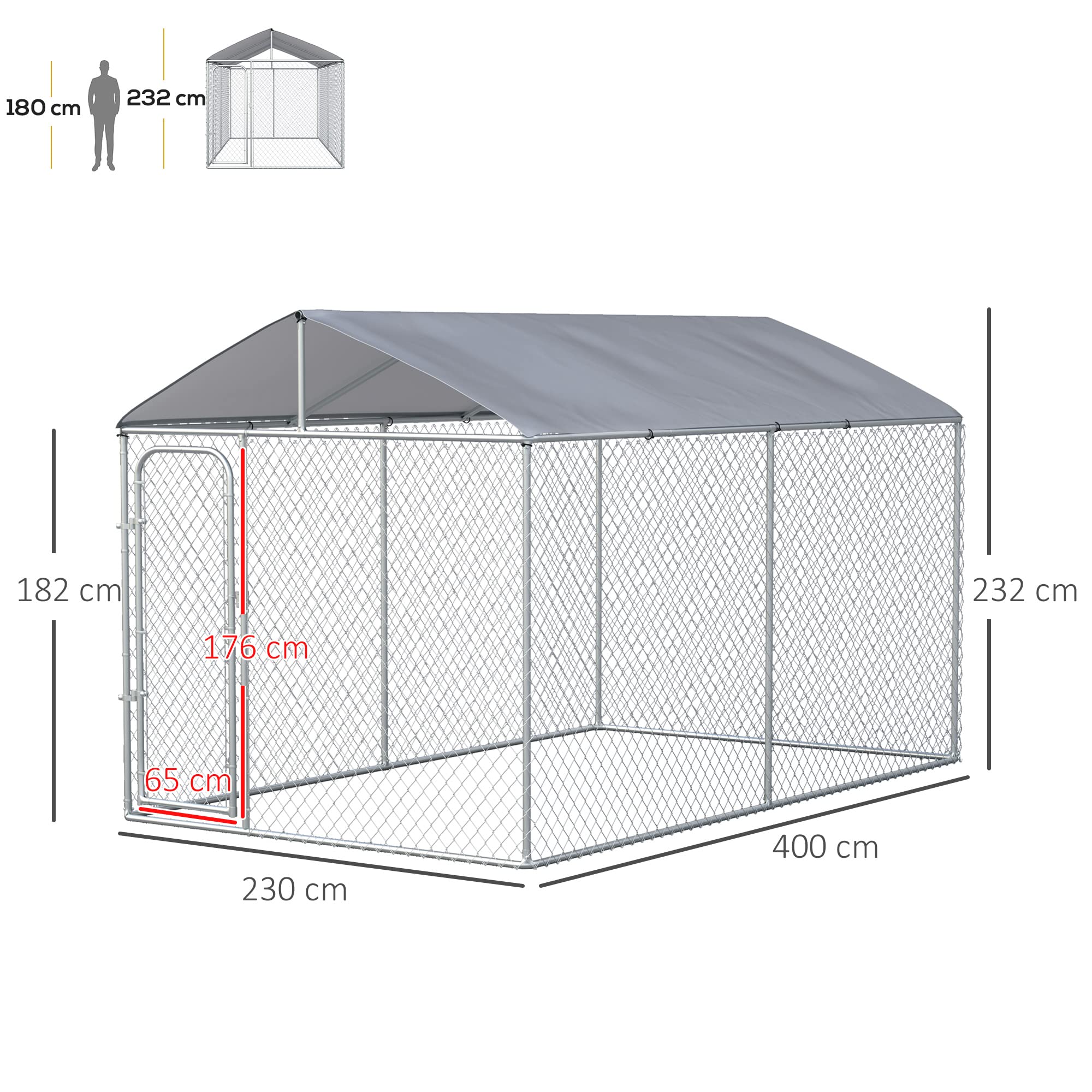 PawHut Perrera de Exterior con Toldo Anti-UV Impermeable Parque para Perros con Puerta con Pestillo y Marco de Metal Galvanizado para Patio Jardín Terraza 4x2,3x2,3 m Plata