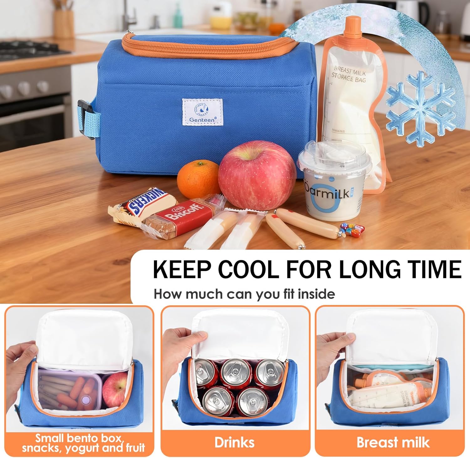 Genteen Lunch Bag Kids,Small Cooler Bag with Ice Packs,Freezable Lunch Bag/Snack Bag,Insulated Bag Reusable, with Zip Closure & Buckle Handle for Travel/School/Work,Blue - Image 6