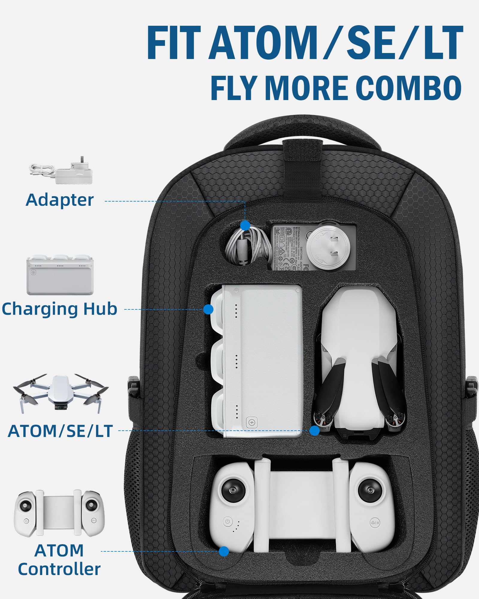 PEKREWS Atom 2 Case, zaino di grande capacità per Potensic Atom 2/SE/3-Axis/LT, borsa espandibile da viaggio per laptop da 15,6 pollici e Fly More Combo, custodia impermeabile per accessori per droni