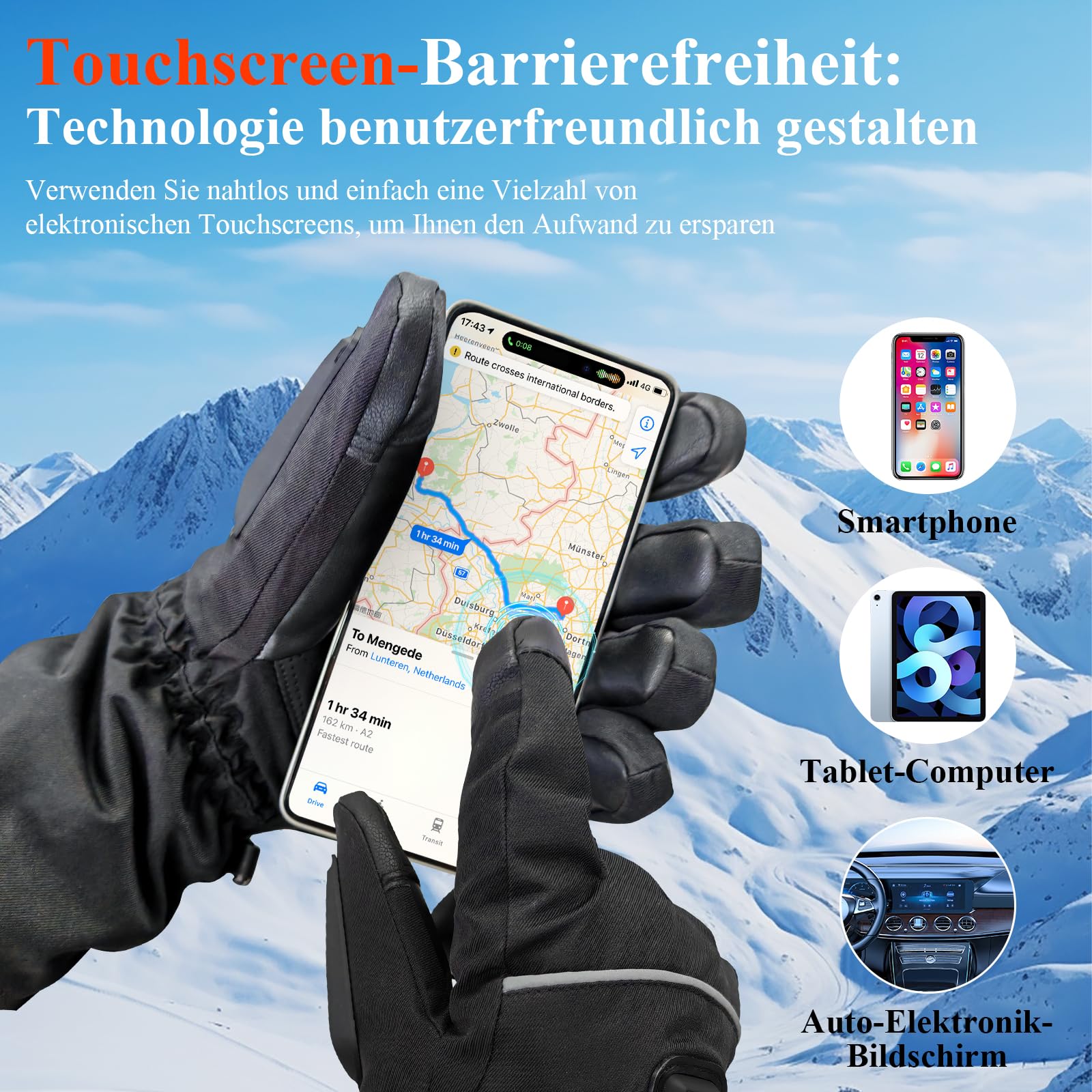 Minthouz Beheizbare Handschuhe 5V 5000 mAh USB-C Wiederaufladbar Wasserdicht Touchscreen 3 Heizstufen Winterhandschuhe