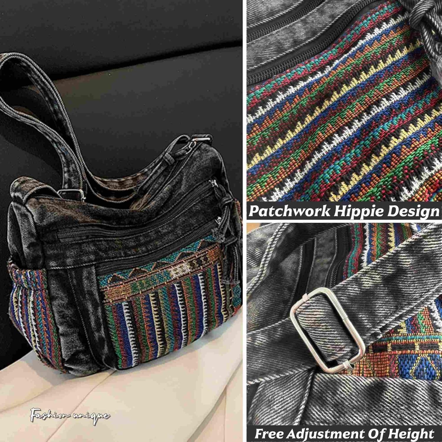 Black Denim Purse Crossbody Bags, Boho Hobo Crossbody Bags for Women, Casual Hippie Travel Purse with Lots of Pockets - Image 7