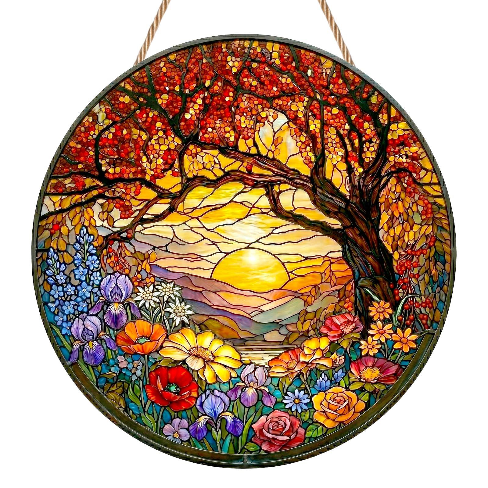 Scenery Sun Catchers for Windows, Sunset Landscape Stained Glass Suncatchers for Windows, Forest Wildflower Window Hanging for Home Garden Glass Wall Art