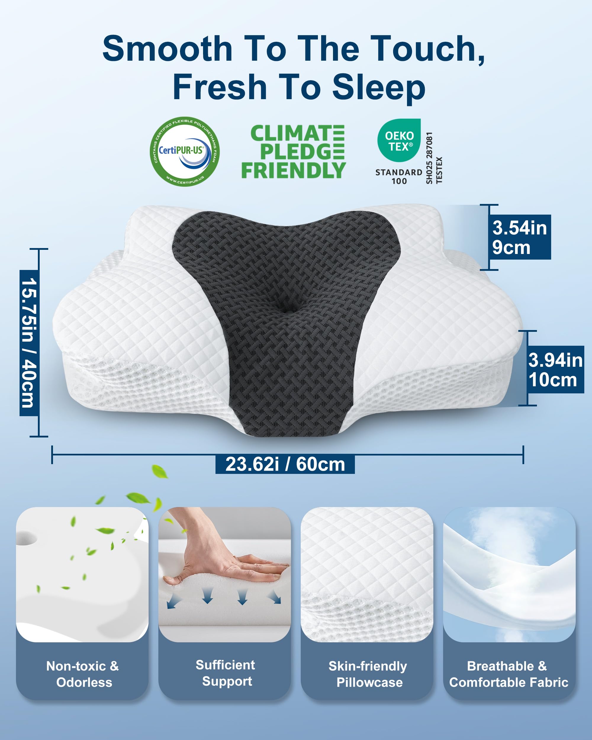 HOMCA Oreiller Cervical, Oreiller Memoire Forme pour la Nuque, Oreiller Ergonomique pour Dormir sur Le Côté, Le Dos et Le Ventre, 60x40x9/10cm