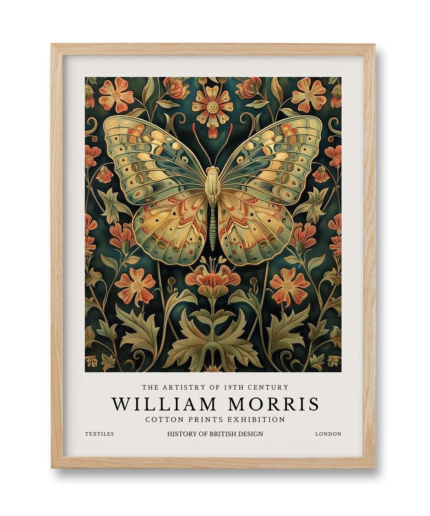 HesenDot William Morris Butterfly Framed Wall Art,12x16in Vintage Canvas Print,Natural OAK Wood Animal Poster Wall Decor for Living Room Bedroom Study