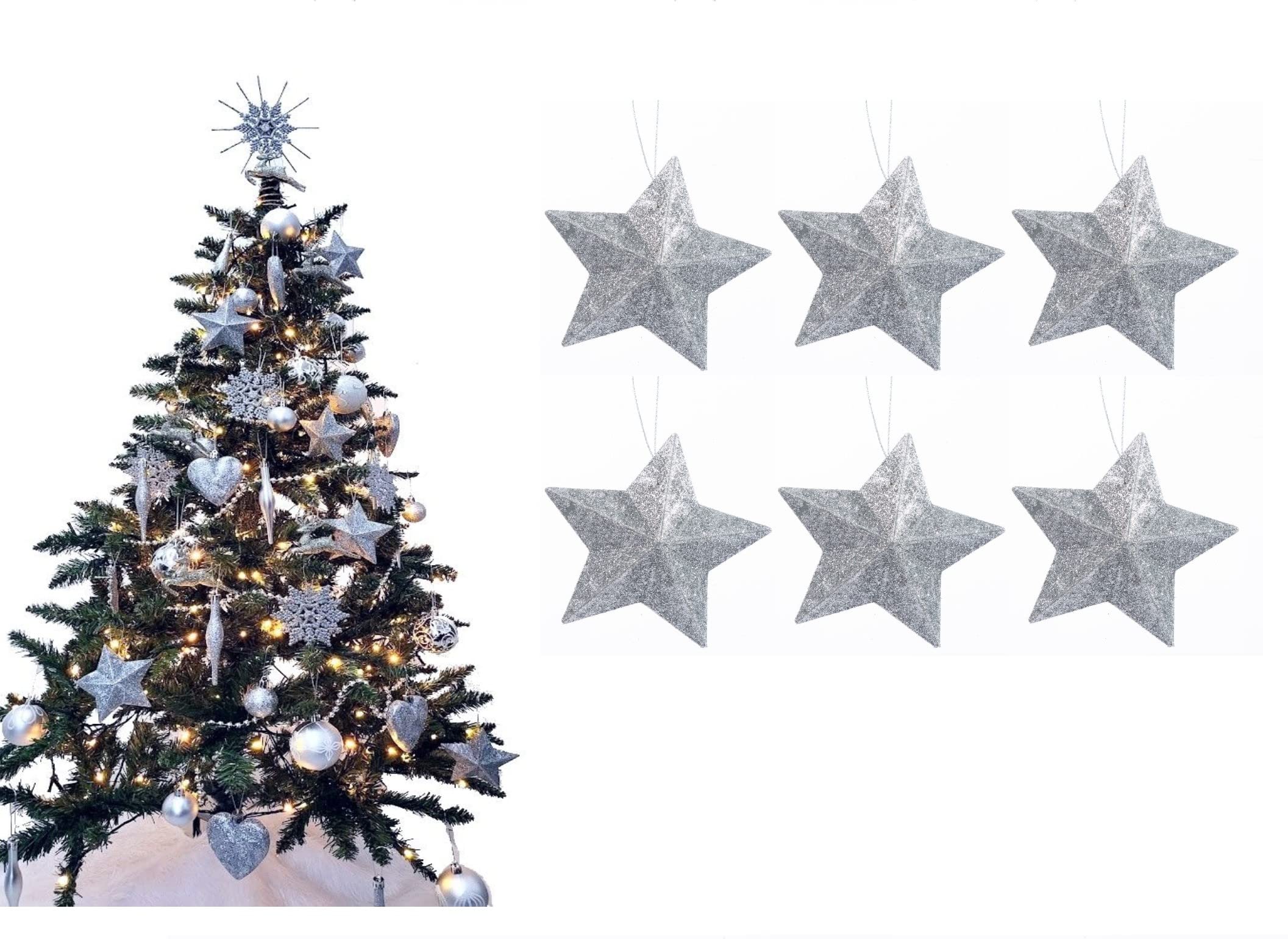 Simply Products Silver Pack Of 6-8Cm 3D Glitter Star Baubles Christmas Tree Decorations (Silver)