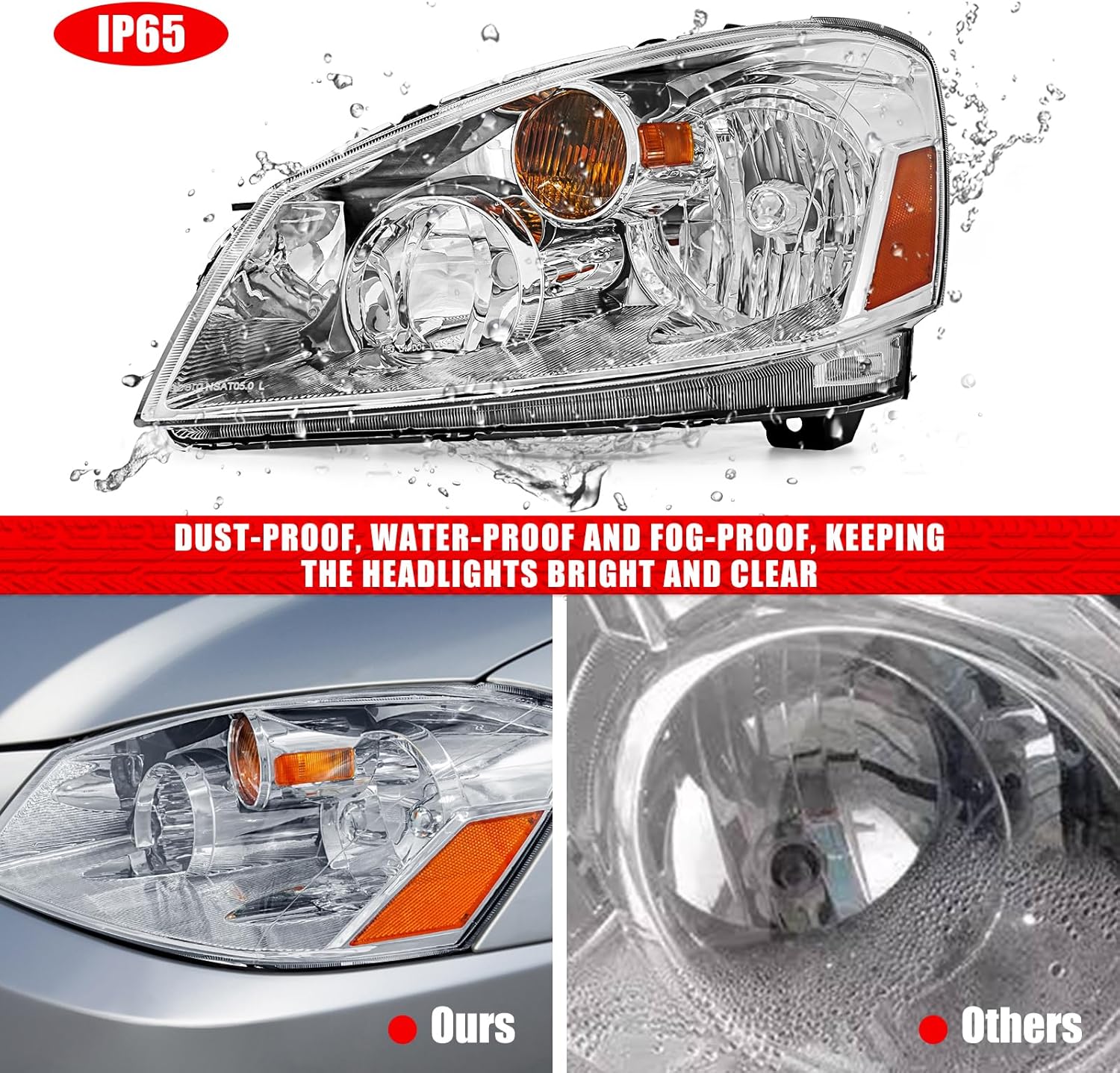 Headlight Compatible with Altima 2005 2006 Chrome Housing Amber Reflector Replacement Pair Does NOT fit Factory HID models（W/O Bulbs）