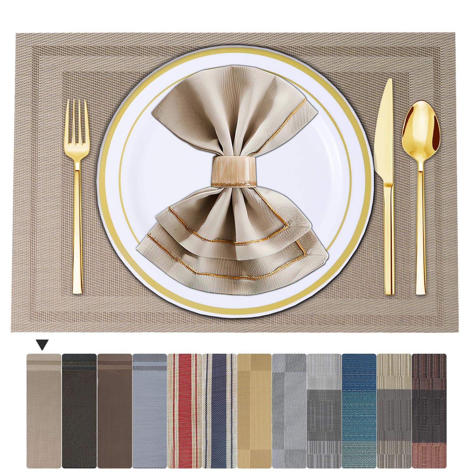ARTAND Beige Table Mats Set of 8 Woven Vinyl Place Mats for Dinner Table - Washable & Durable Indoor/Outdoor Use - 8 Pcs, 01 Beige