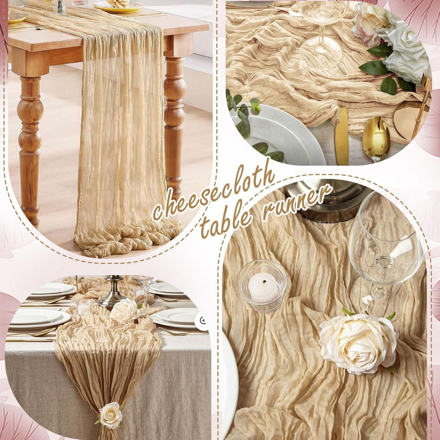 10 Pack Beige Cheesecloth Table Runner 17"x108" Boho Gauze Fabric Table Runner Vintage Rustic Sheer Runners for Wedding Party Bridal Baby Shower Table Decorations