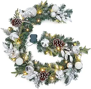GarveeHome Christmas Garland with Lights, 6 Ft Silver White Lighted Christmas Garland with Pine Cones Ball Ornaments Battery Operated Lights for Indooor Outdoor Mantle Stairs Railing Decorations