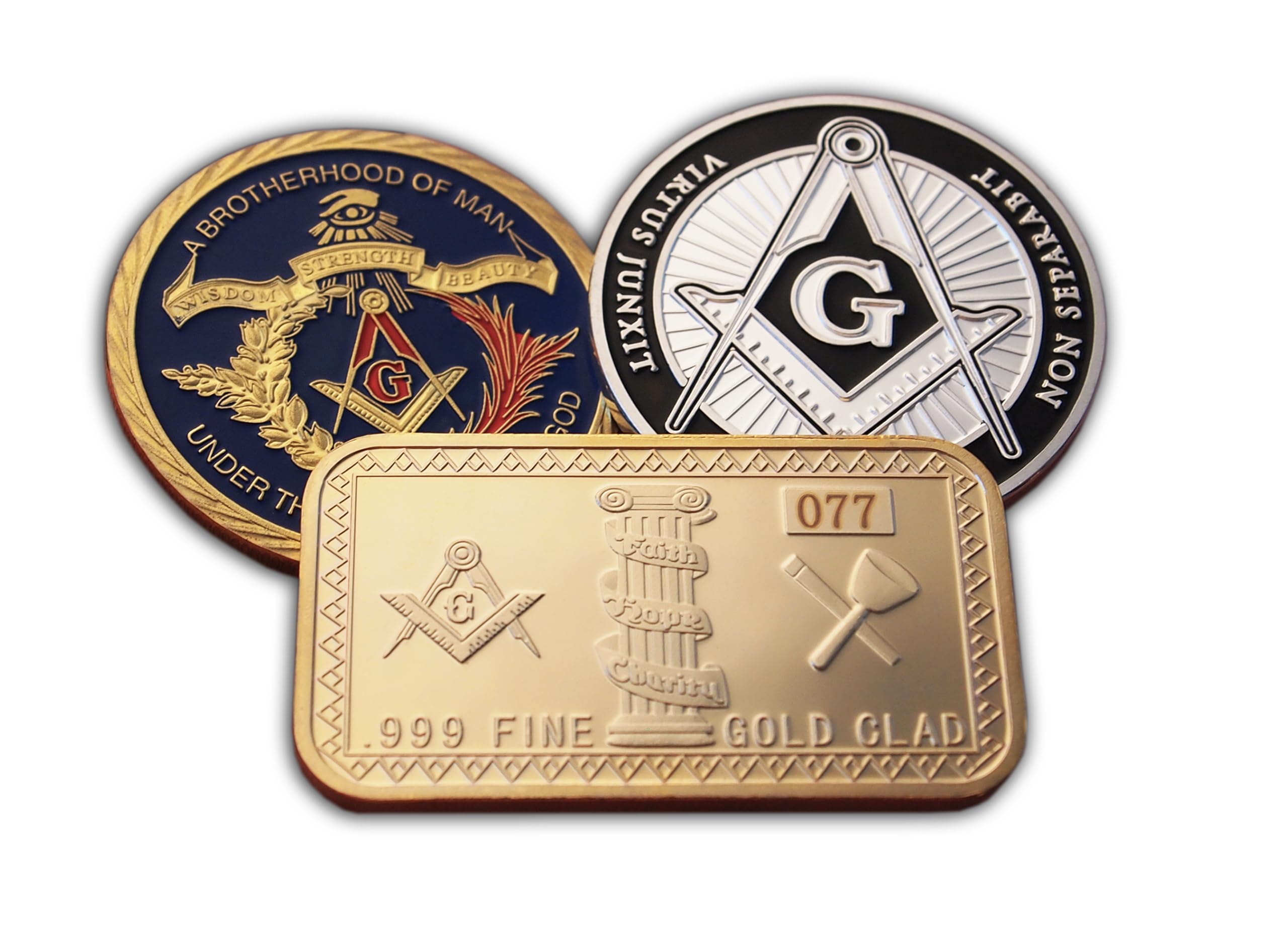 Eillwin Gold Color, Silver Color Freemasonry Collector Set - 2 Masonic Commemorative Coins & 1 Token Bar - Square & Compasses Symbolic Brotherhood Keepsake