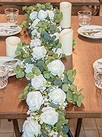 Pieshay 6FT Artificial Eucalyptus Garland with 10 White Roses & Baby's Breath - Wedding Party Table Runner Backdrop Decor