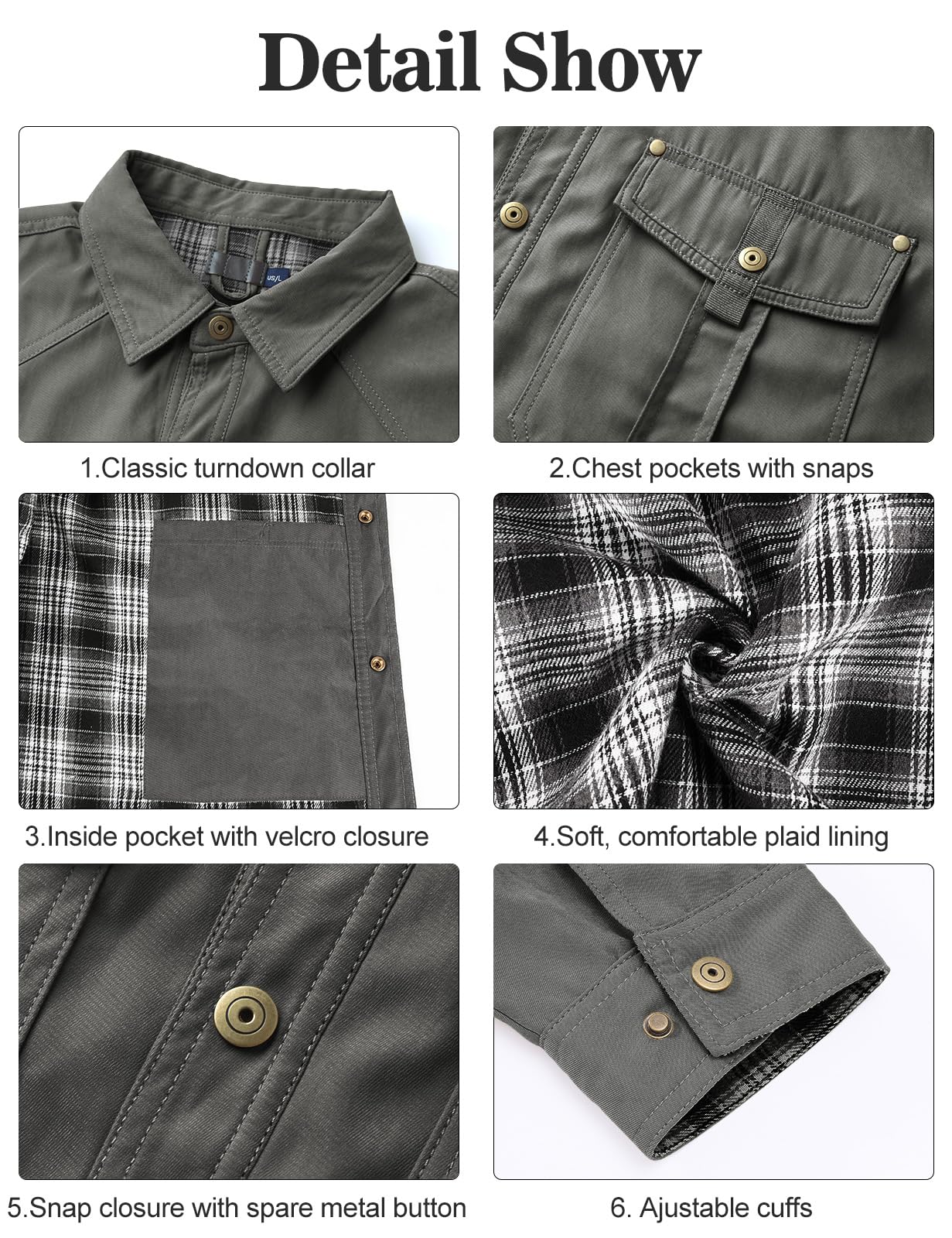 Voqeen Chaqueta Hombre Manga Larga Casual Plaid Cazadora Entretiempo Botón Snap Casual Chaqueta Primavera Rugosa Forrada De Franela Cazadora Entretiempo Chaqueta Ligera