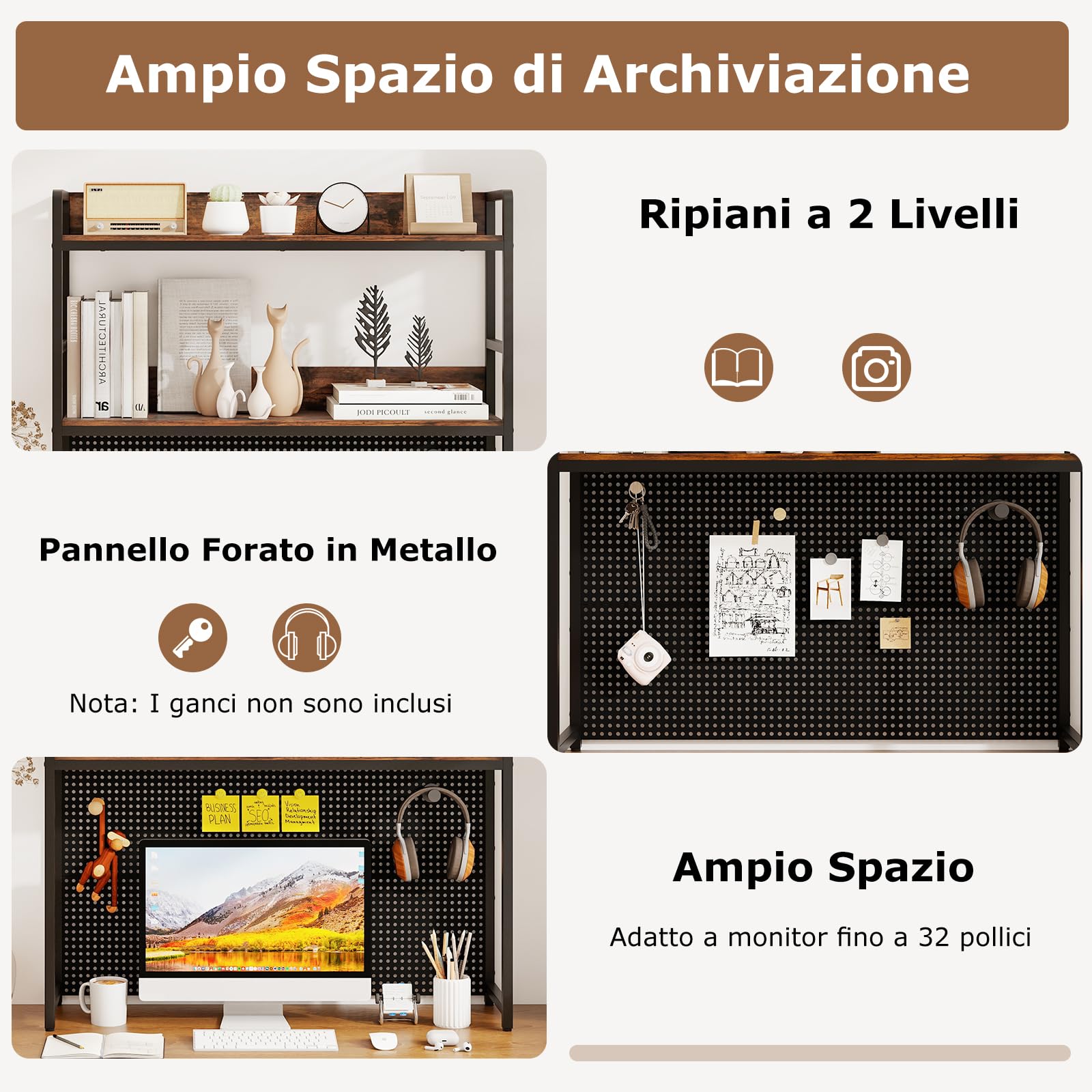 RELAX4LIFE Libreria da Scrivania, Scrivania Organizzatore Tavolo con Pegboard, Espositore Mensola Aperta per Dormitorio Ufficio e Studio, 94 x 27 x 103 cm
