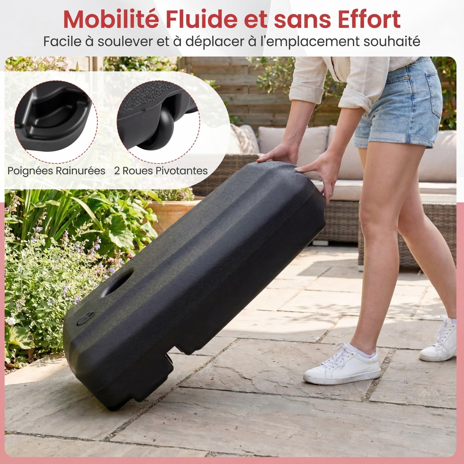 COSTWAY Pied de Parasol Déporté en HDPE sur 2 roulettes, 80 x 59 x 21,5 cm