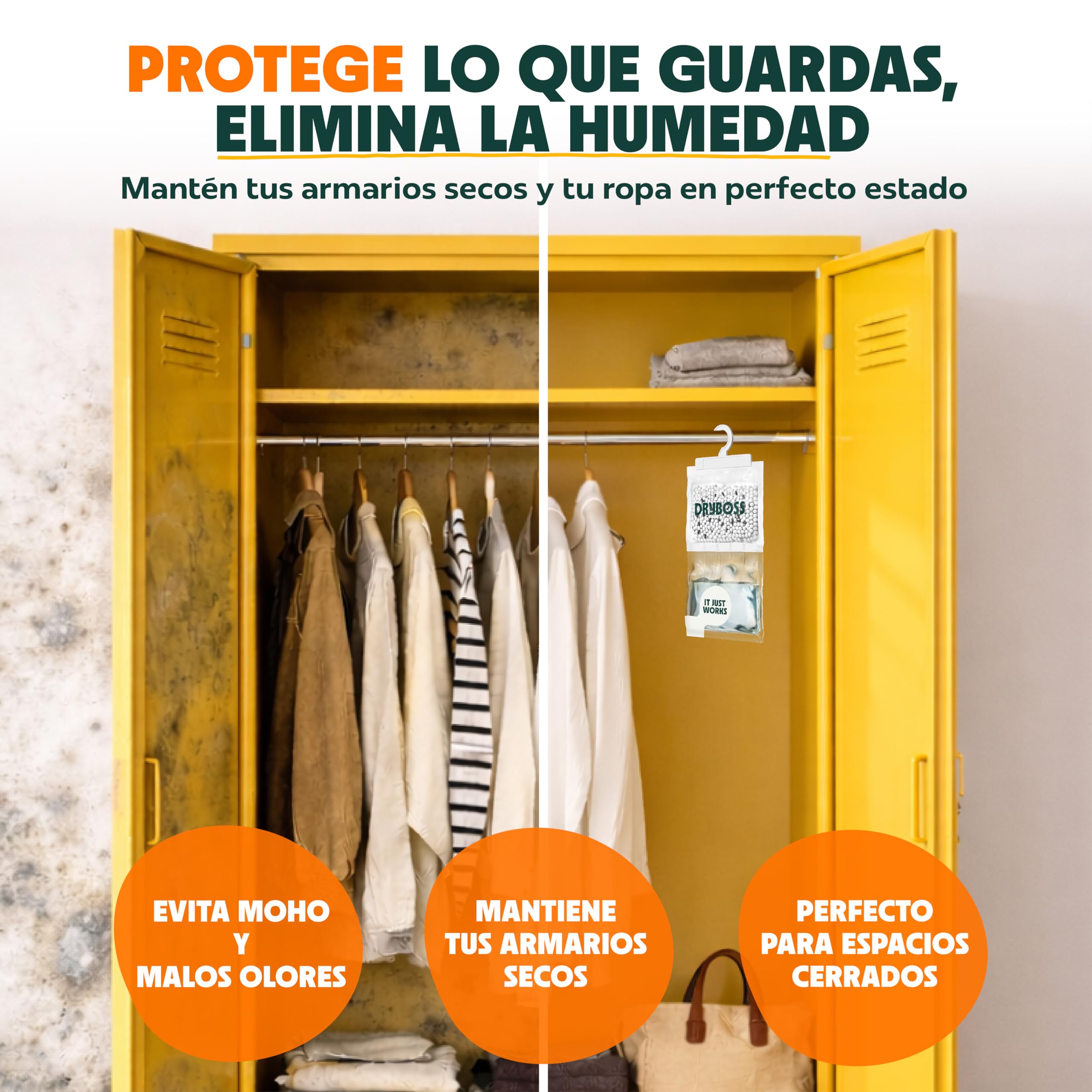 Bolsas Antihumedad Armarios XL - DRYBOSS - Deshumidificador para armario que absorbe humedad y condensación en pared, habitación, cajones y ropa, ayuda contra moho y olores - Pack 10 (2,5 kg) — view 2