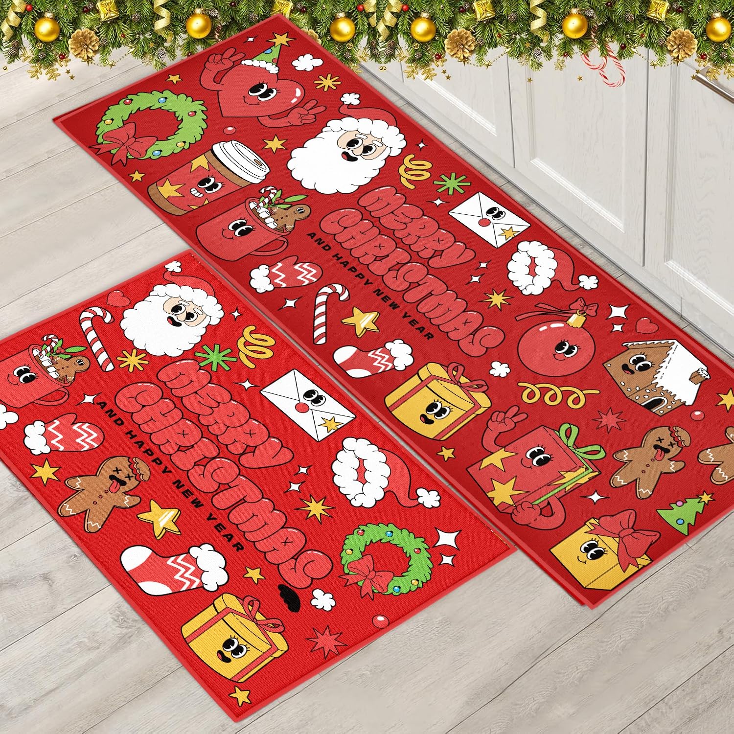 PORJDN Juego de alfombras de Navidad para interiores, color rojo, alfombra de Navidad para puerta de cocina, decoración del hogar, alfombra lavable (estilo G, 43 x 150 + 43 x 75 cm)