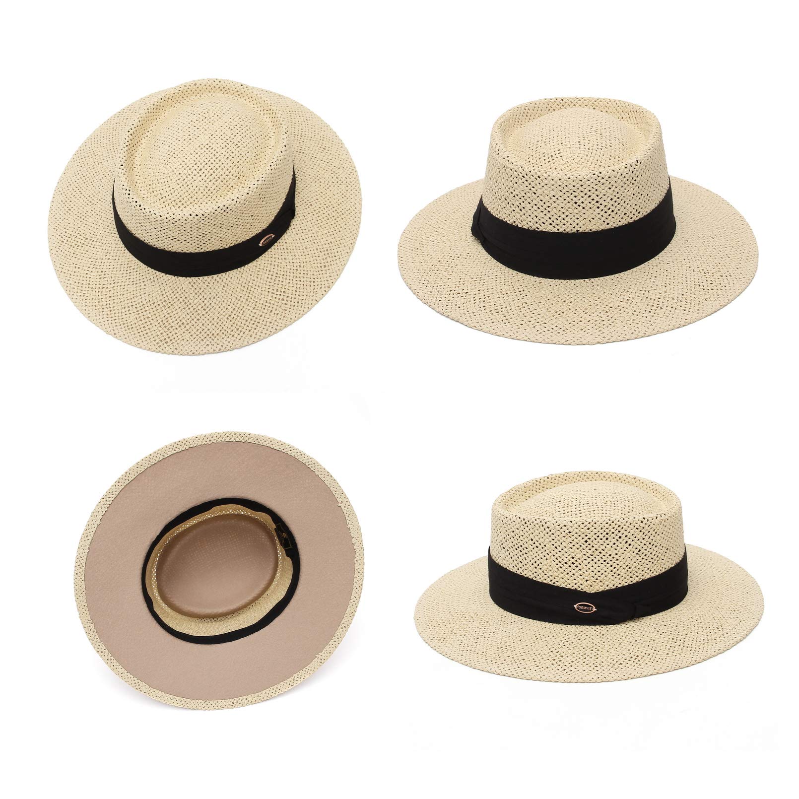 EOZY Chapeau de Paille Femme Homme Vintage Panama Chapeau Pork Pie Été Large Bord Chapeau de Soleil Anti-UV pour Plage Voyage