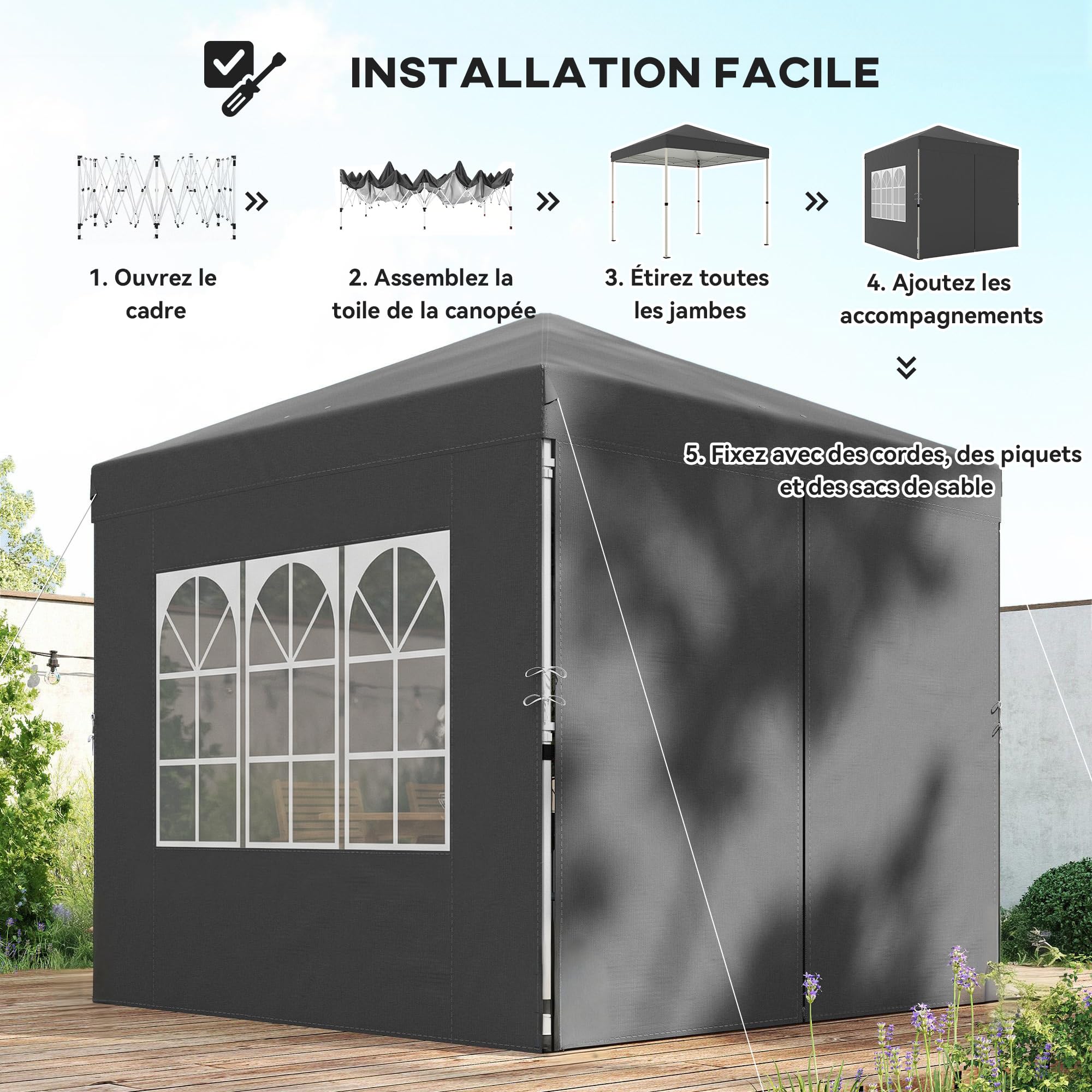 Outsunny Tonnelle de Jardin 2,5 x 2,5 m Pop up Tente Pliante réglable en Hauteur Protection UV50+ tonnelle Pliante avec 4 parois latérales Sac de Transport Montage Facile Gris foncé